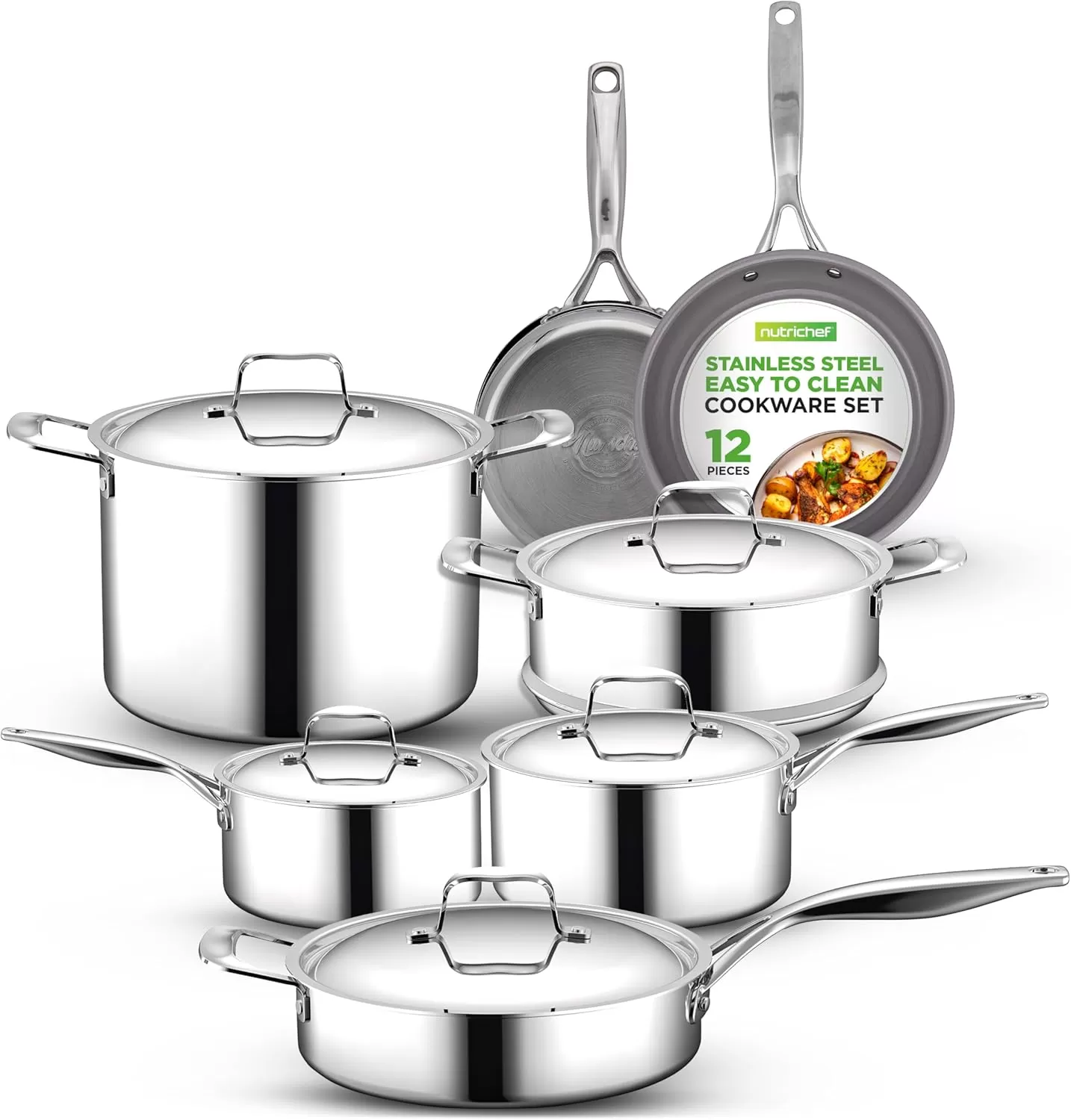 imageNutriChef 12Piece Stainless Steel Kitchenware  Pots ampamp Pans Set Clad Kitchen Cookware wSteel HandlesFry Pan Interior Coated wPrestige Ceramic NonStick CoatingStylish Kitchen Cookware NCSSX45Stainless steel