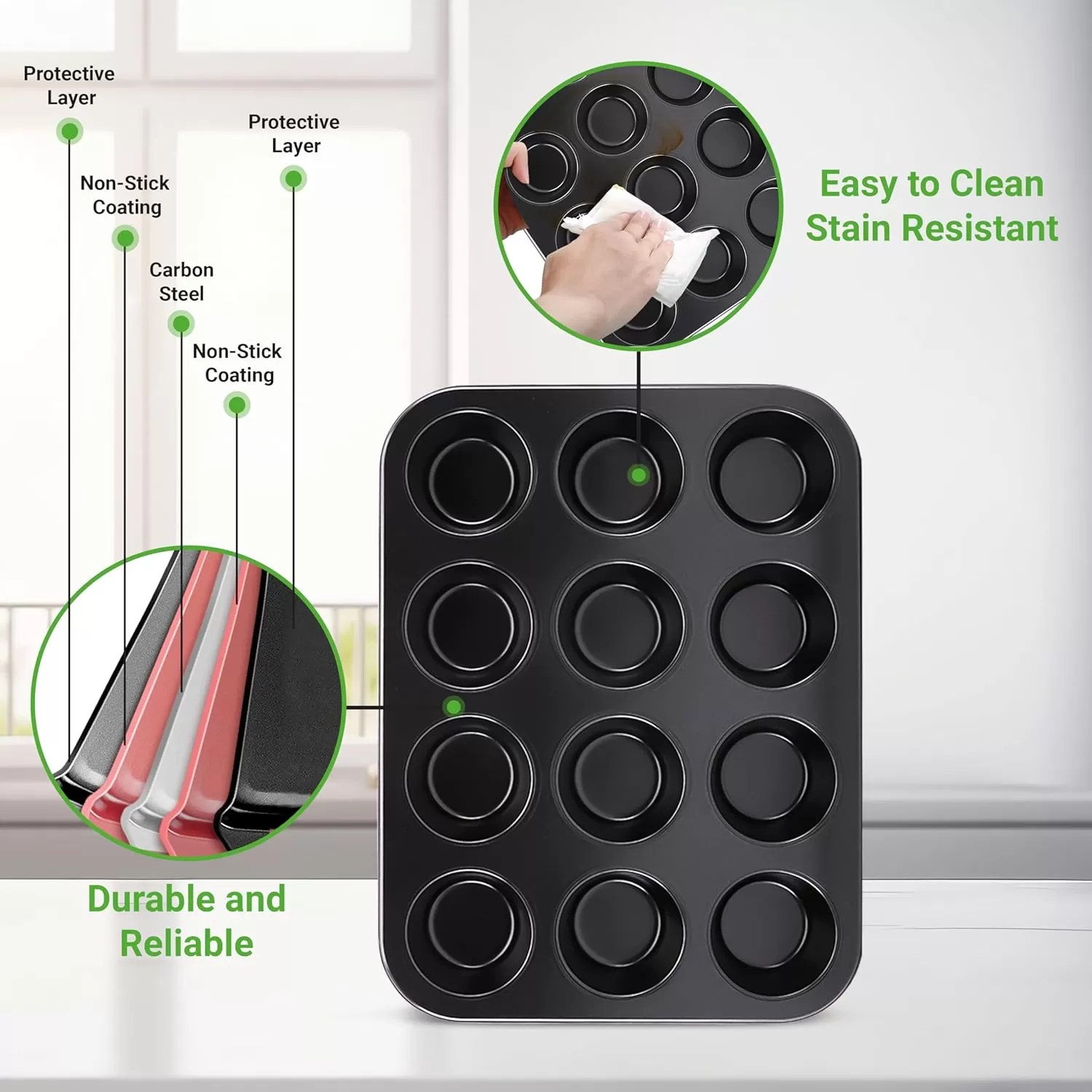 imageNutriChef 12cup Golden Oven Muffin Pan NonStick Coated Layer Surface Even Heating Muffin Tray for Muffins Cupcakes Pastries ampamp Mini Pies Used for Model Number NCBK6TR7 and NCBK6TR75nonstick muffin pan  black