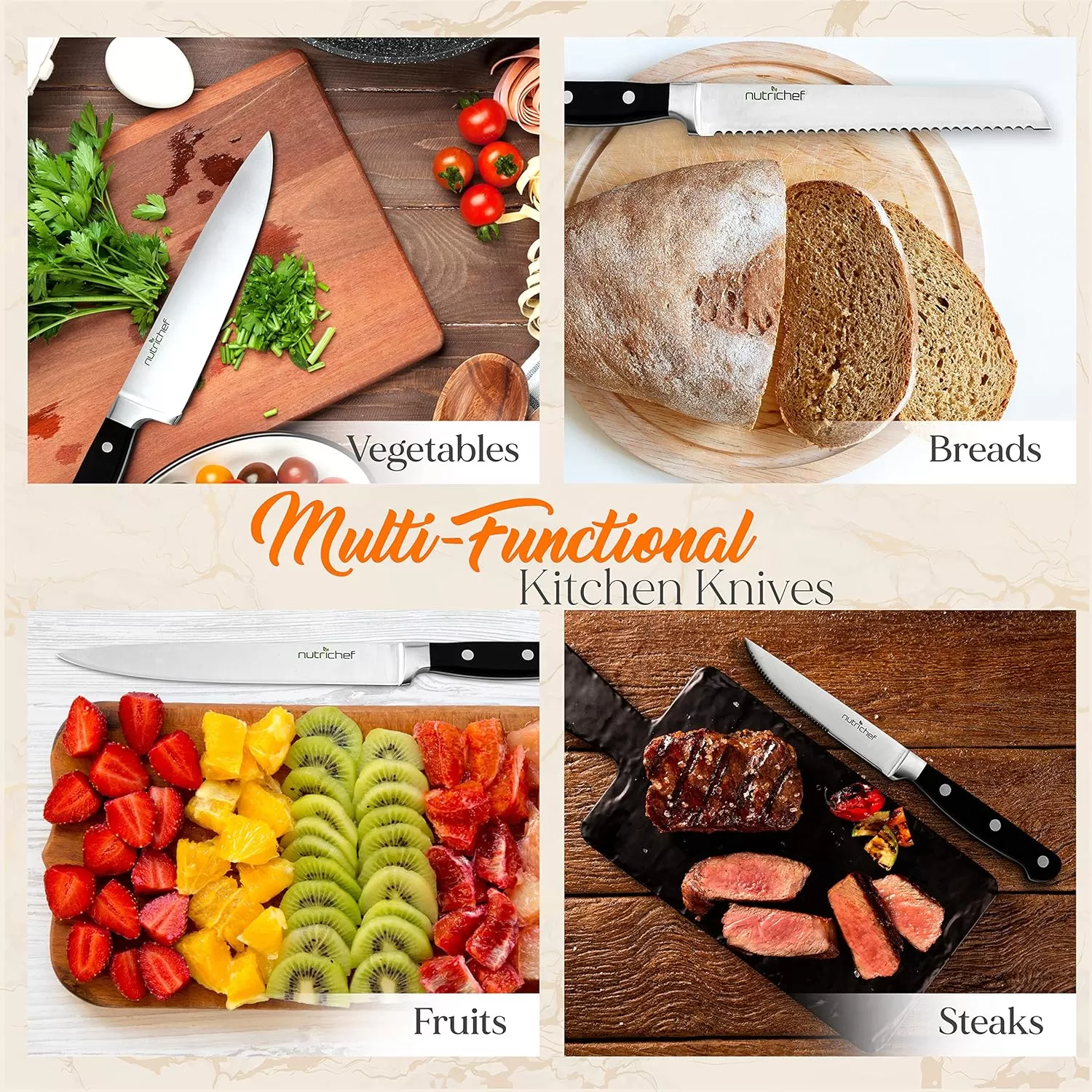 imageNutriChef 13Piece Kitchen Knife Set with Wooden Block  Precision Crafted Stainless Steel Knives with Scissors ampamp BuiltIn Sharpener  Lightweight Durable ampamp Razor Sharp  Dishwasher Safe NCKNS13