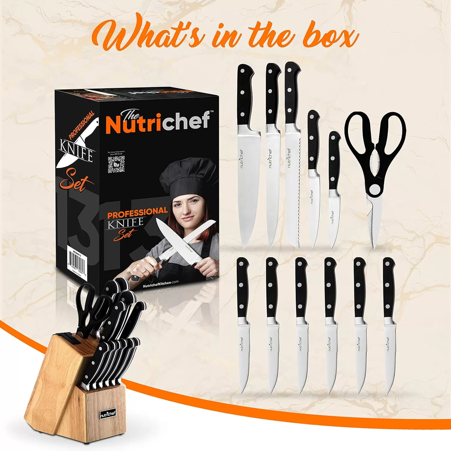 imageNutriChef 13Piece Kitchen Knife Set with Wooden Block  Precision Crafted Stainless Steel Knives with Scissors ampamp BuiltIn Sharpener  Lightweight Durable ampamp Razor Sharp  Dishwasher Safe NCKNS13