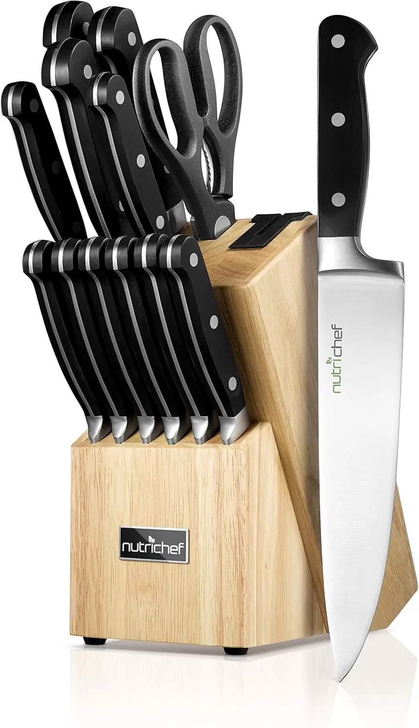 imageNutriChef 13Piece Kitchen Knife Set with Wooden Block  Precision Crafted Stainless Steel Knives with Scissors ampamp BuiltIn Sharpener  Lightweight Durable ampamp Razor Sharp  Dishwasher Safe NCKNS13