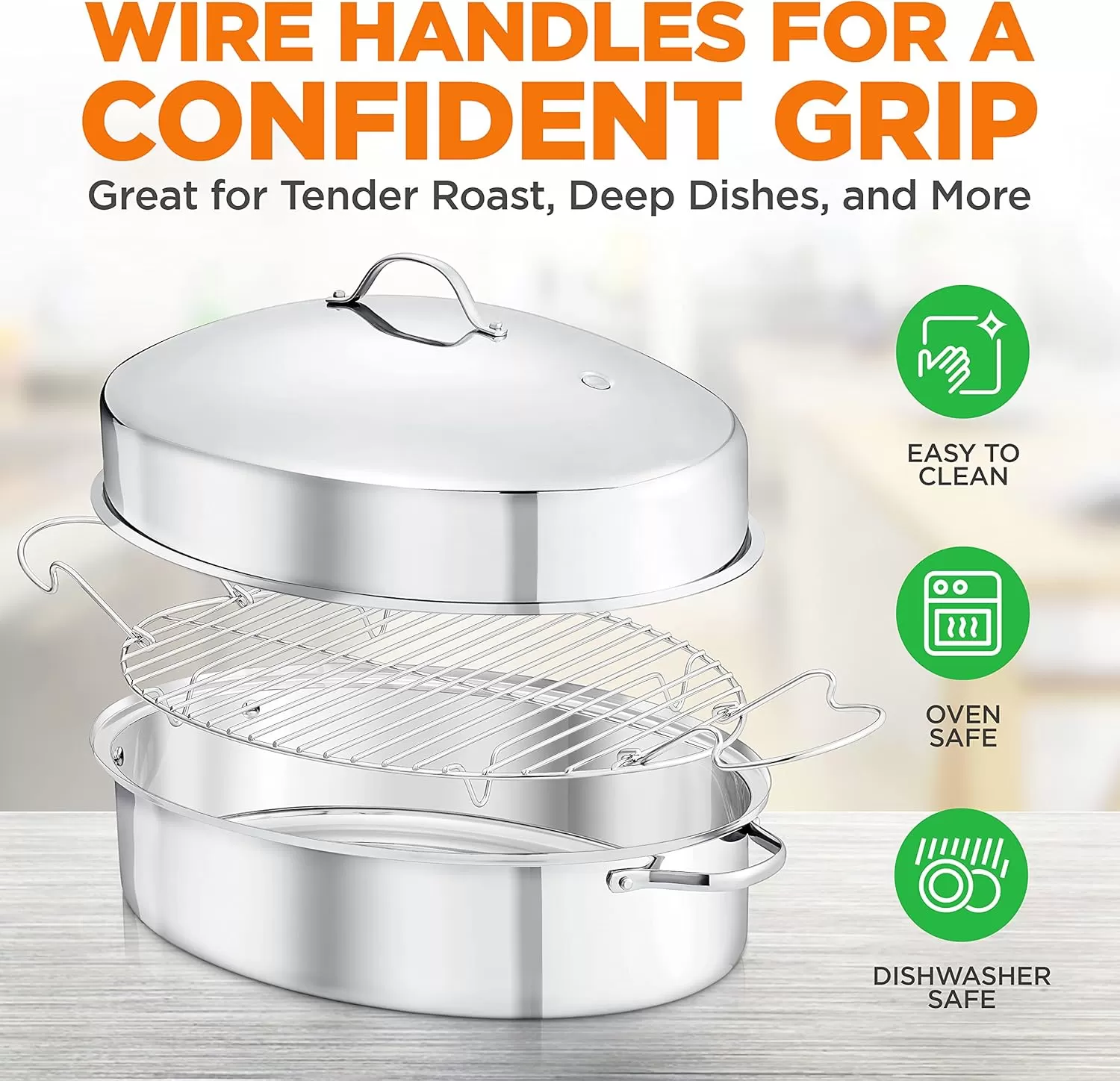 imageNutriChef 20quot Oval Roasting Pan with Rack and Lid  Premium Stainless Steel Roaster Dish w Wide Handles ampamp Removable Rack MultiUse Cookware for Turkey Chicken Stews ampamp More  Dishwasher Safe