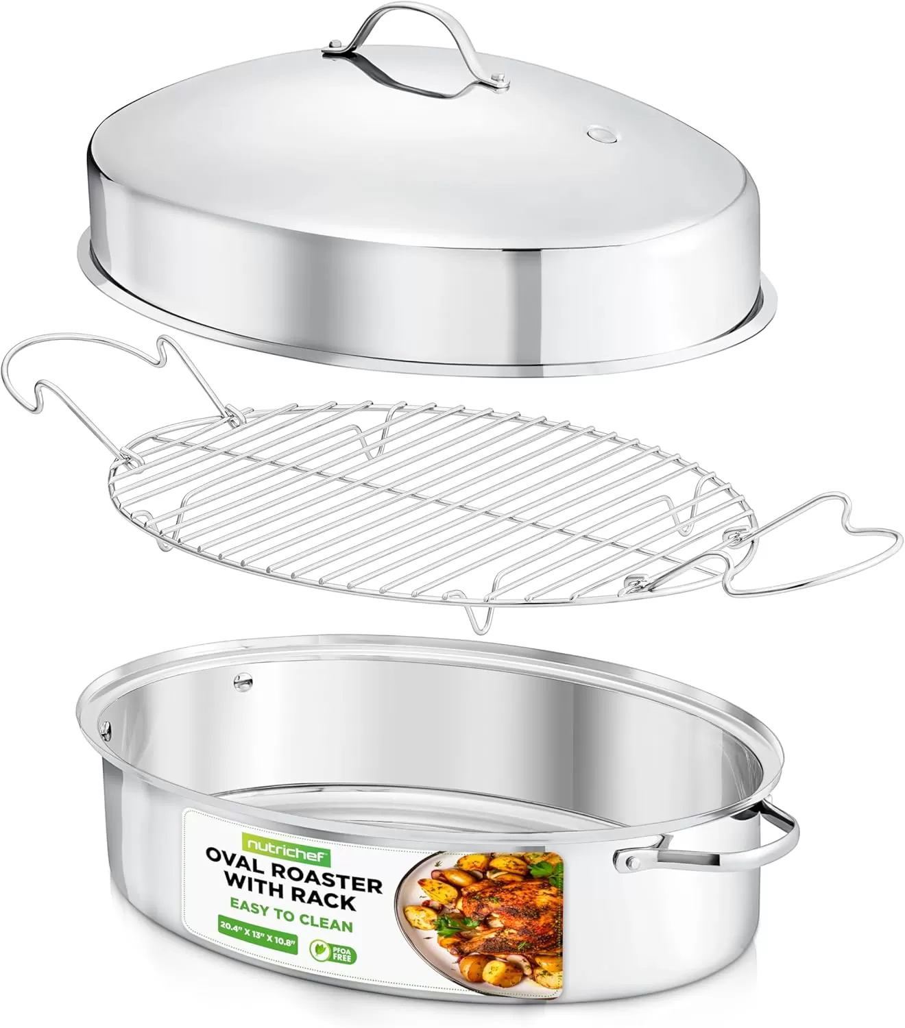 imageNutriChef 20quot Oval Roasting Pan with Rack and Lid  Premium Stainless Steel Roaster Dish w Wide Handles ampamp Removable Rack MultiUse Cookware for Turkey Chicken Stews ampamp More  Dishwasher Safe