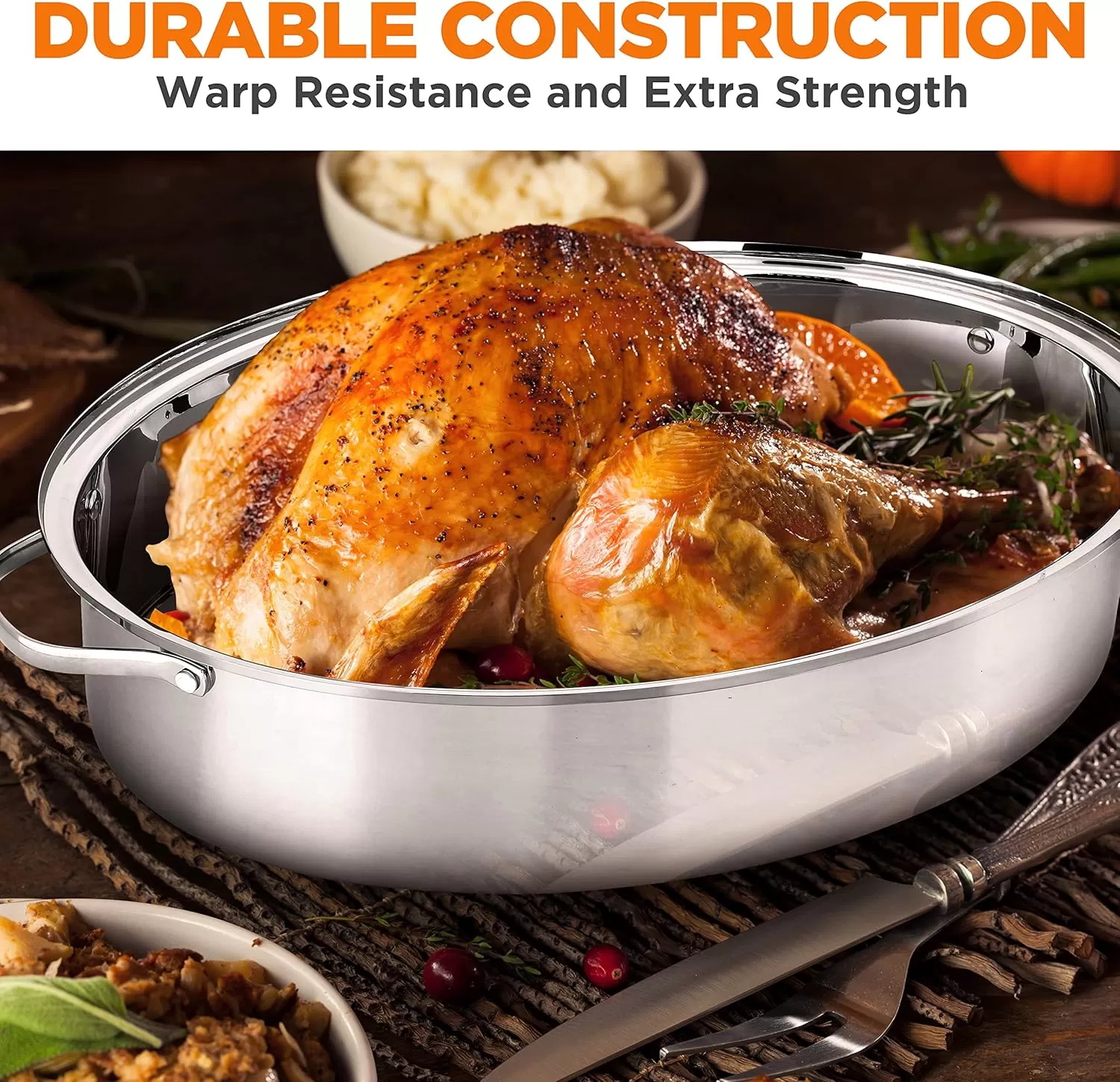 imageNutriChef 20quot Oval Roasting Pan with Rack and Lid  Premium Stainless Steel Roaster Dish w Wide Handles ampamp Removable Rack MultiUse Cookware for Turkey Chicken Stews ampamp More  Dishwasher Safe