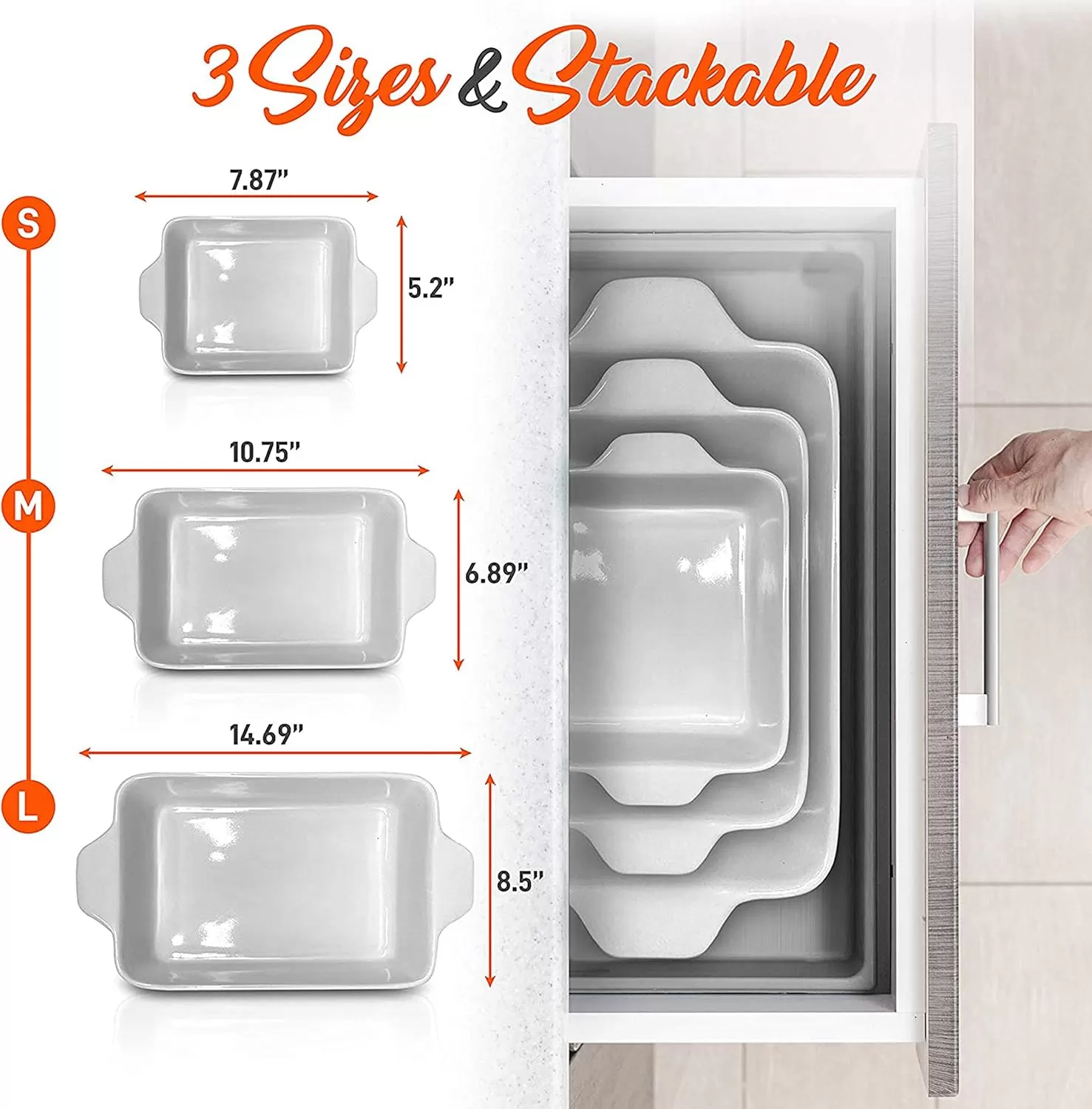 imageNutriChef 3Piece Ceramic Casserole Dish for Oven  Durable Lasagna Baking Dish w Premium NonStick Coating ampamp BuiltIn Handles  Dishwasher ampamp Microwave Safe  14quot x 8quot 10quot x 6quot 7quot x 5quot  Gray
