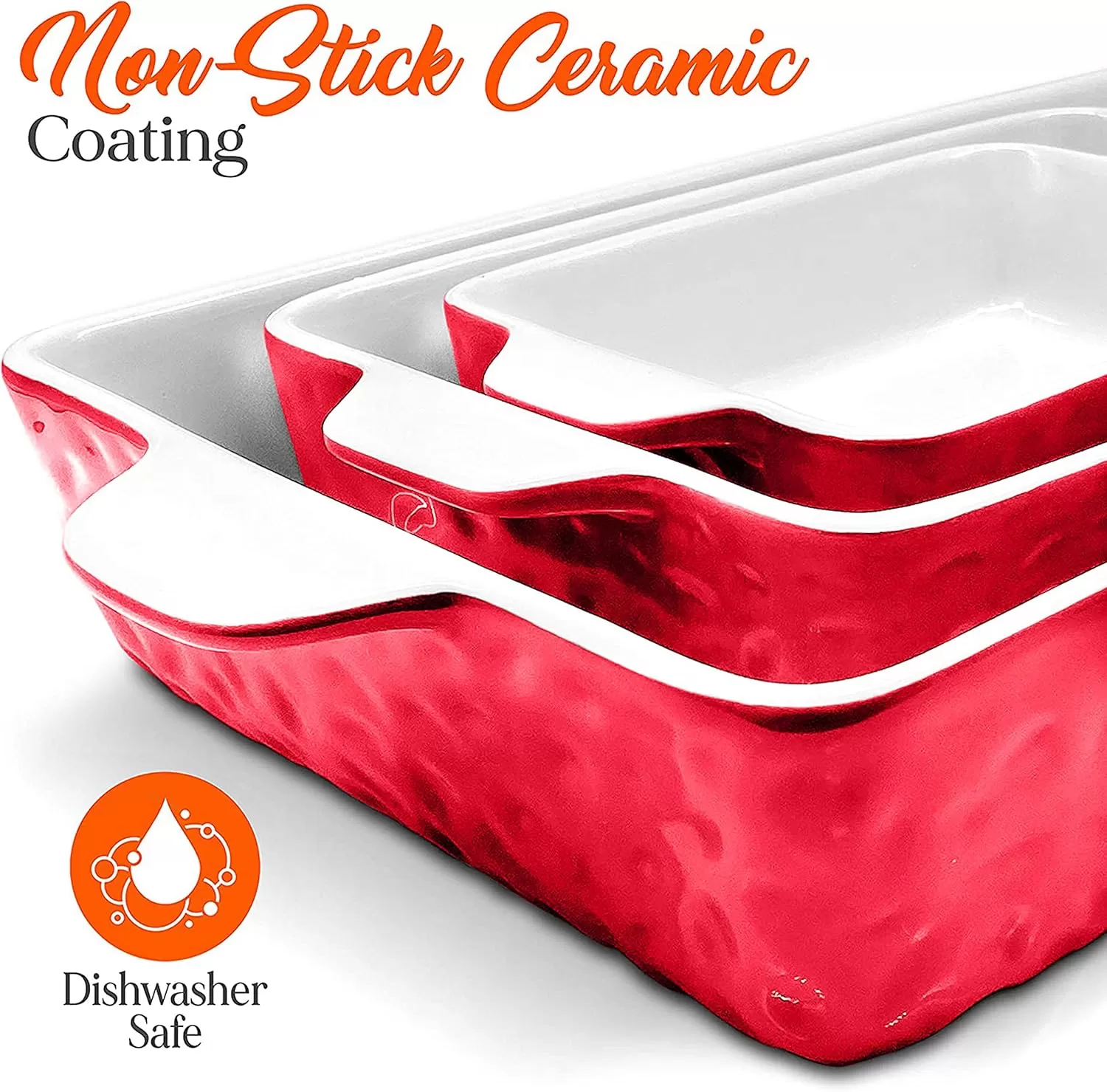 imageNutriChef 3Piece Ceramic Casserole Dish for Oven  Premium Lasagna Baking Pans w Nonstick Coating ampamp BuiltIn Handles  Dishwasher ampamp Microwave Safe  14quot x 8quot 10quot x 6quot 7quot x 5quot  RedRed