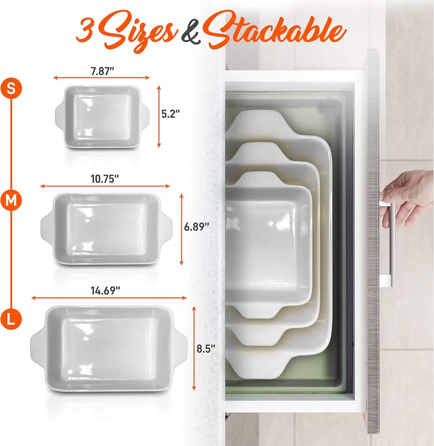 imageNutriChef 3Piece Ceramic Casserole Dish for Oven  Premium Lasagna Baking Pans w Nonstick Coating ampamp BuiltIn Handles  Dishwasher ampamp Microwave Safe  14quot x 8quot 10quot x 6quot 7quot x 5quot  RedYellow