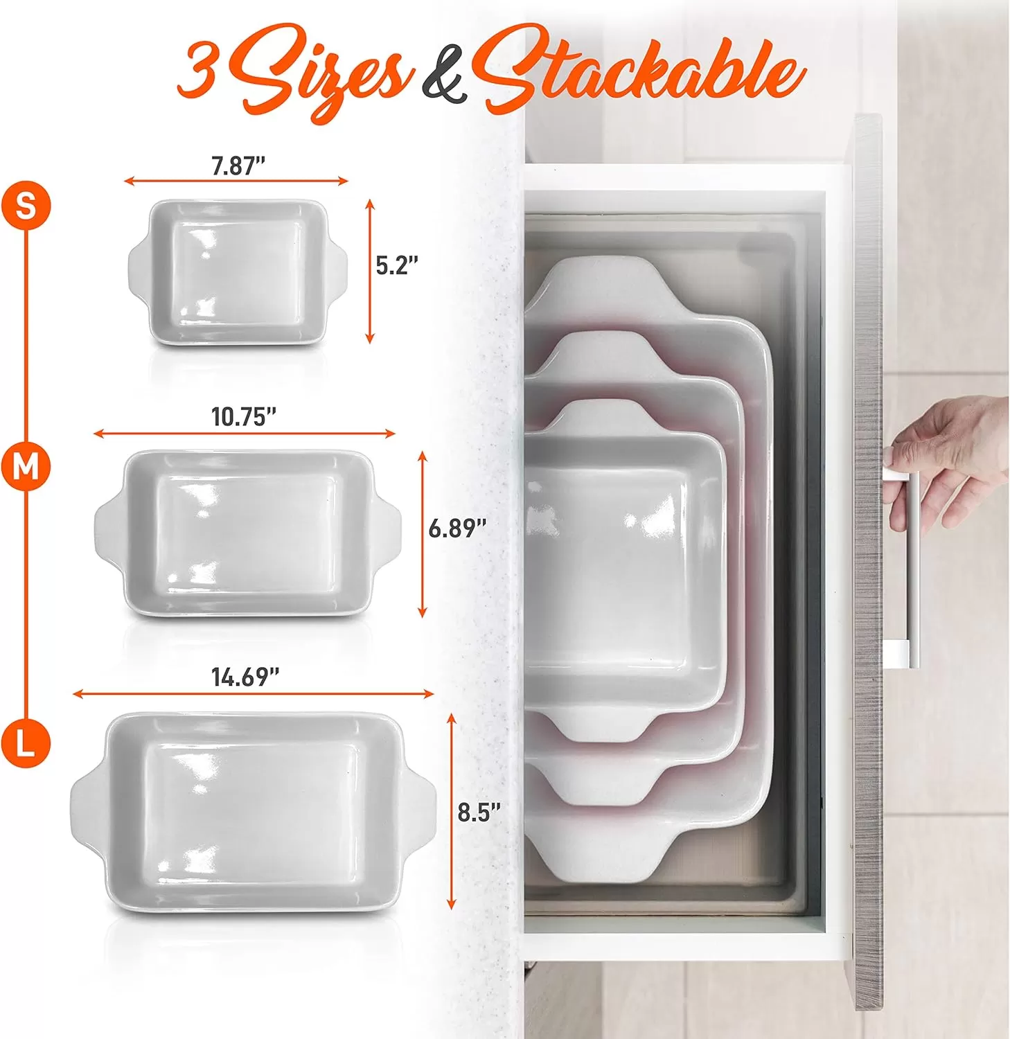 imageNutriChef 3Piece Ceramic Casserole Dish for Oven  Premium Lasagna Baking Pans w Nonstick Coating ampamp BuiltIn Handles  Dishwasher ampamp Microwave Safe  14quot x 8quot 10quot x 6quot 7quot x 5quot  RedRed
