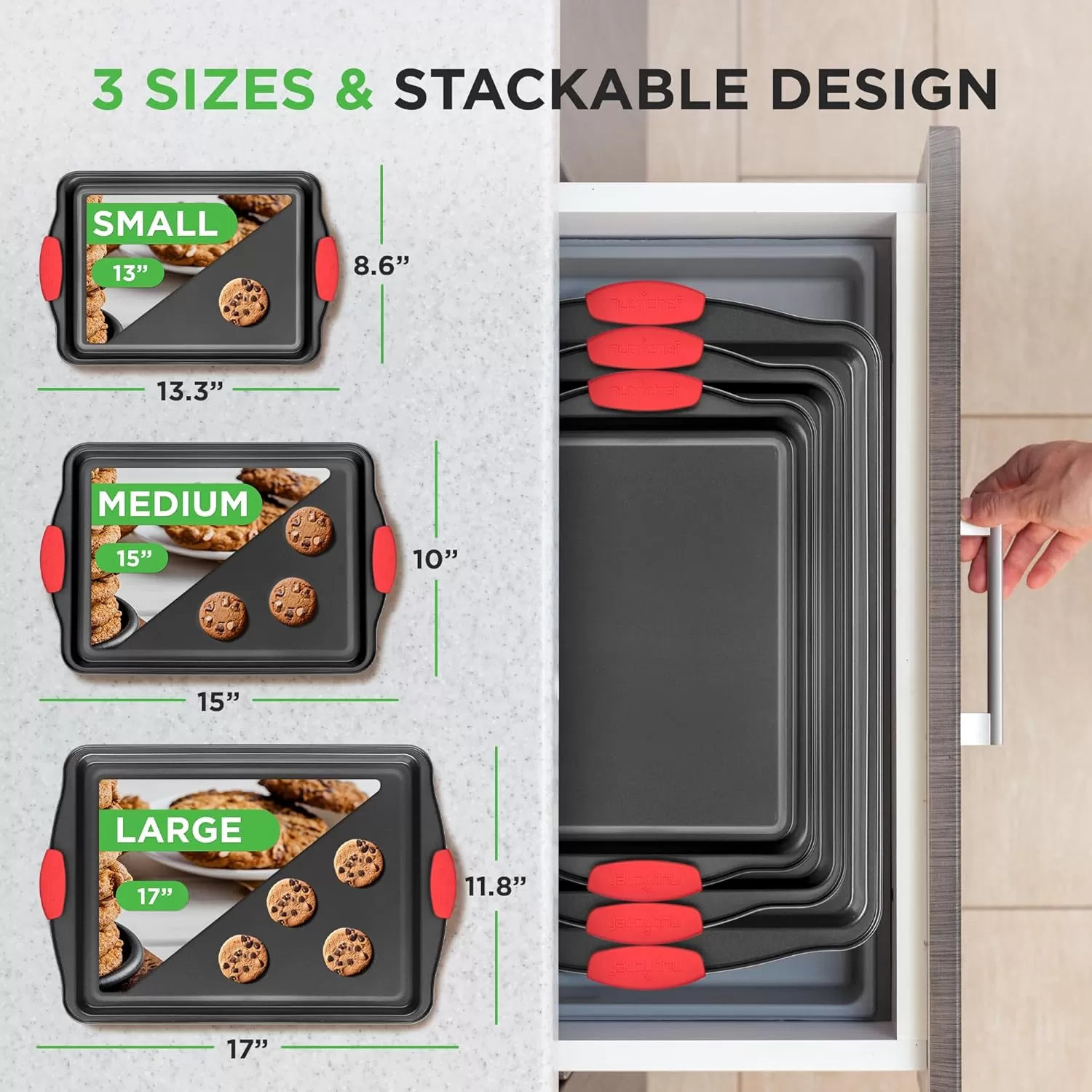 imageNutriChef 3Piece Nonstick Kitchen Oven Baking Pans  Premium ampamp Stylish NonStick Steel Commercial Grade Restaurant Quality Metal Bakeware with Red Silicone Handles  Easy to Clean NCSBS3S3Piece Set