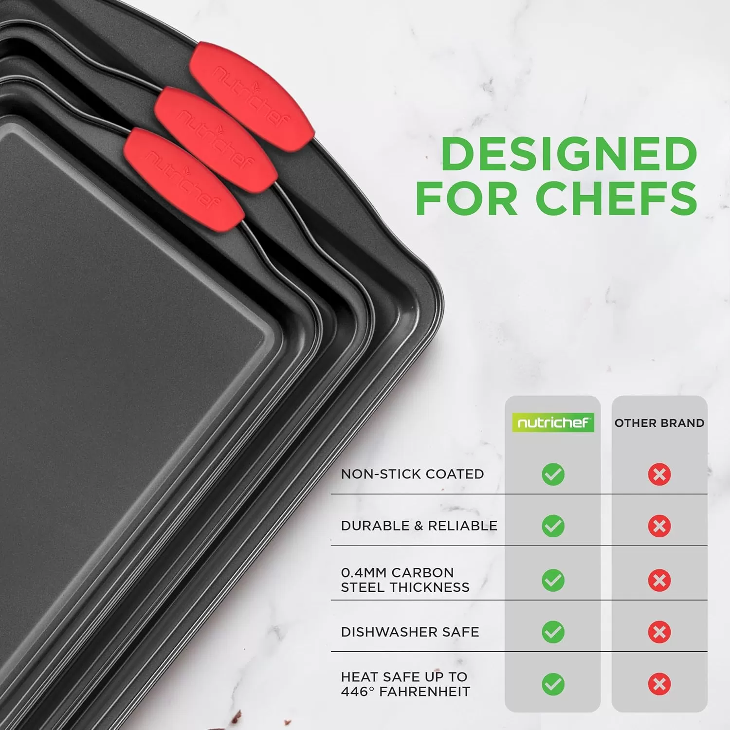 imageNutriChef 3Piece Nonstick Kitchen Oven Baking Pans  Premium ampamp Stylish NonStick Steel Commercial Grade Restaurant Quality Metal Bakeware with Red Silicone Handles  Easy to Clean NCSBS3S3Piece Set