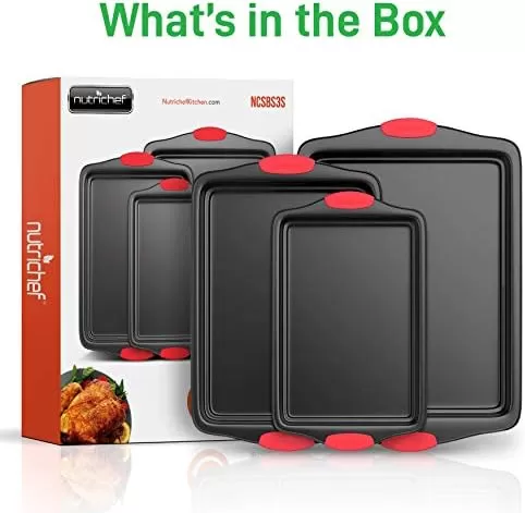 imageNutriChef 3Piece Nonstick Kitchen Oven Baking Pans  Premium ampamp Stylish NonStick Steel Commercial Grade Restaurant Quality Metal Bakeware with Red Silicone Handles  Easy to Clean NCSBS3S3Piece Set