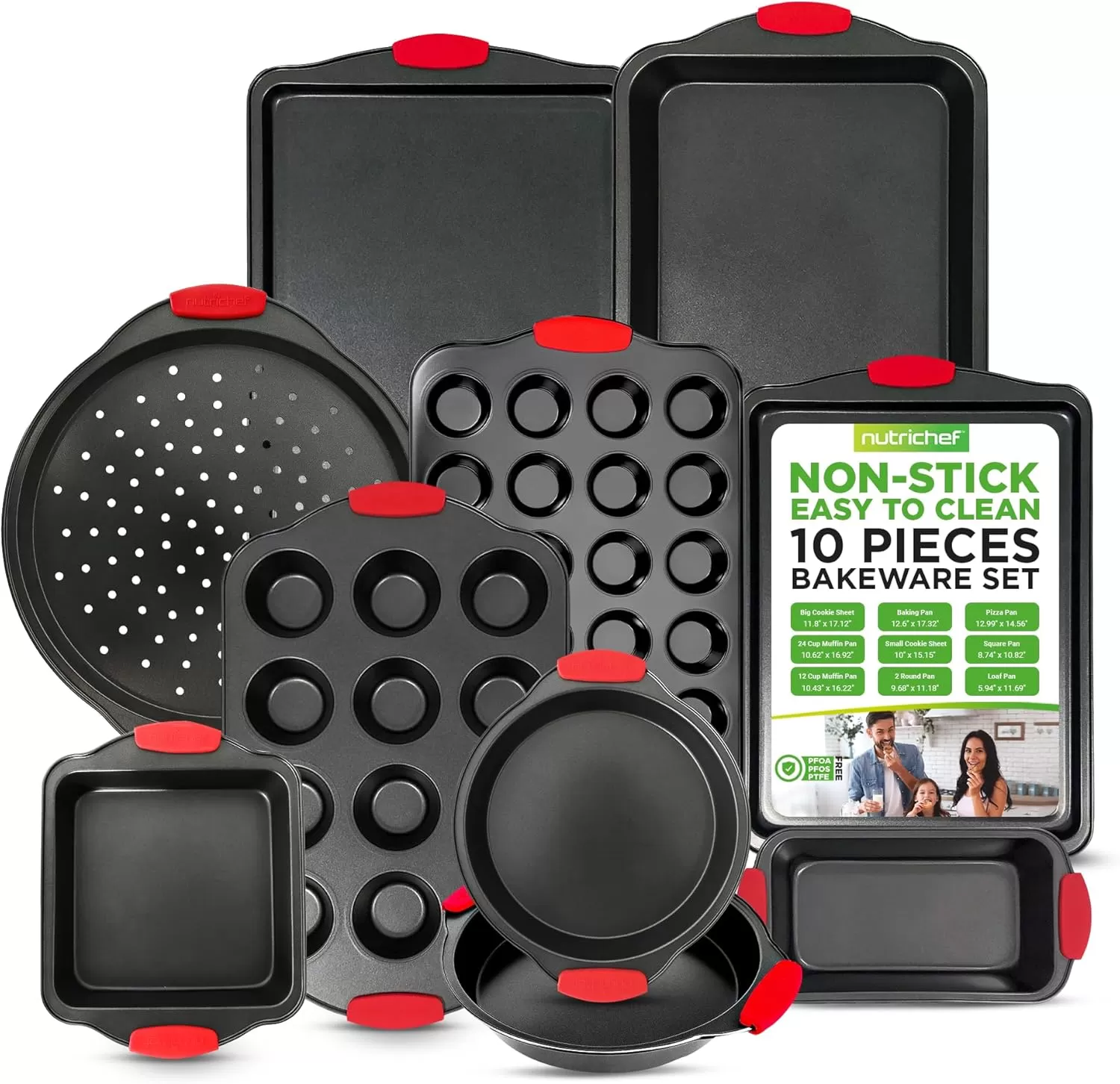 imageNutriChef 3Piece Nonstick Kitchen Oven Baking Pans  Premium ampamp Stylish NonStick Steel Commercial Grade Restaurant Quality Metal Bakeware with Red Silicone Handles  Easy to Clean NCSBS3S10Piece Set