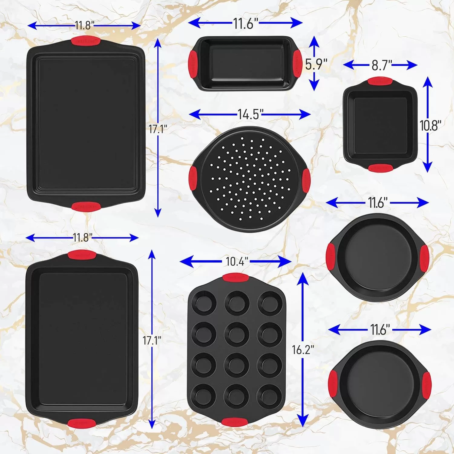 imageNutriChef 3Piece Nonstick Kitchen Oven Baking Pans  Premium ampamp Stylish NonStick Steel Commercial Grade Restaurant Quality Metal Bakeware with Red Silicone Handles  Easy to Clean NCSBS3S8Piece Set
