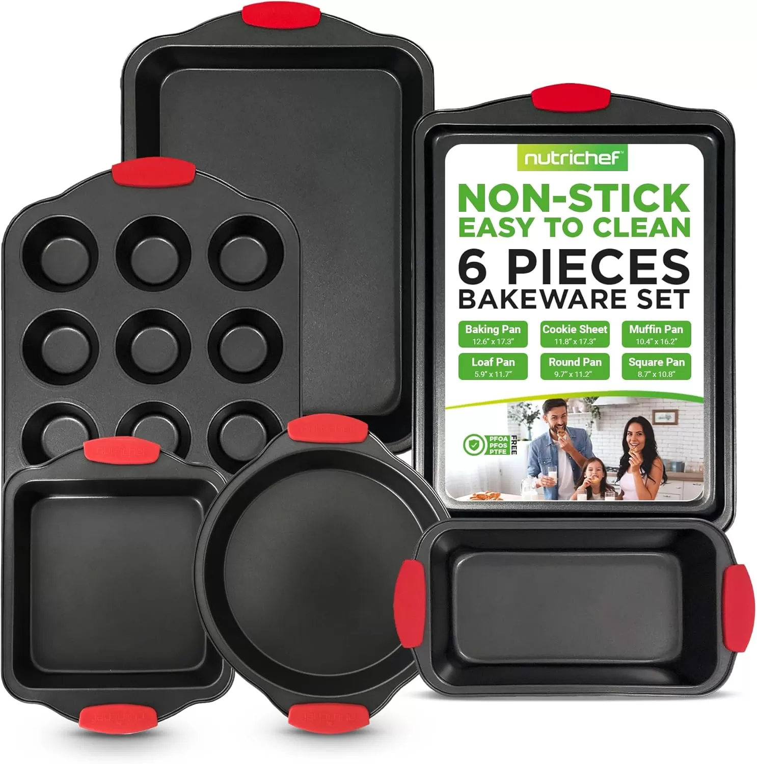 imageNutriChef 3Piece Nonstick Kitchen Oven Baking Pans  Premium ampamp Stylish NonStick Steel Commercial Grade Restaurant Quality Metal Bakeware with Red Silicone Handles  Easy to Clean NCSBS3S6Piece Set