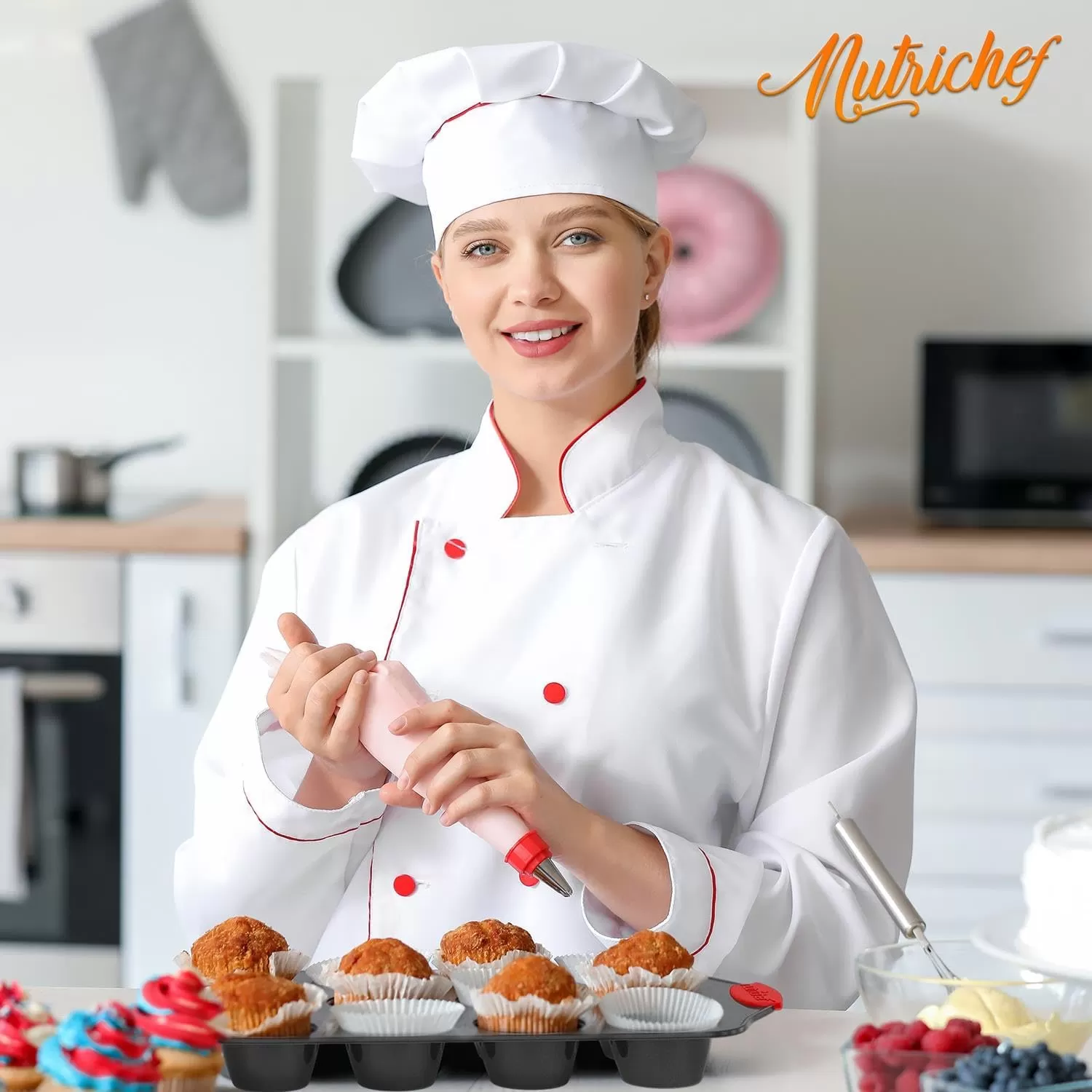 imageNutriChef 3Piece Nonstick Kitchen Oven Baking Pans  Premium ampamp Stylish NonStick Steel Commercial Grade Restaurant Quality Metal Bakeware with Red Silicone Handles  Easy to Clean NCSBS3S8Piece Set
