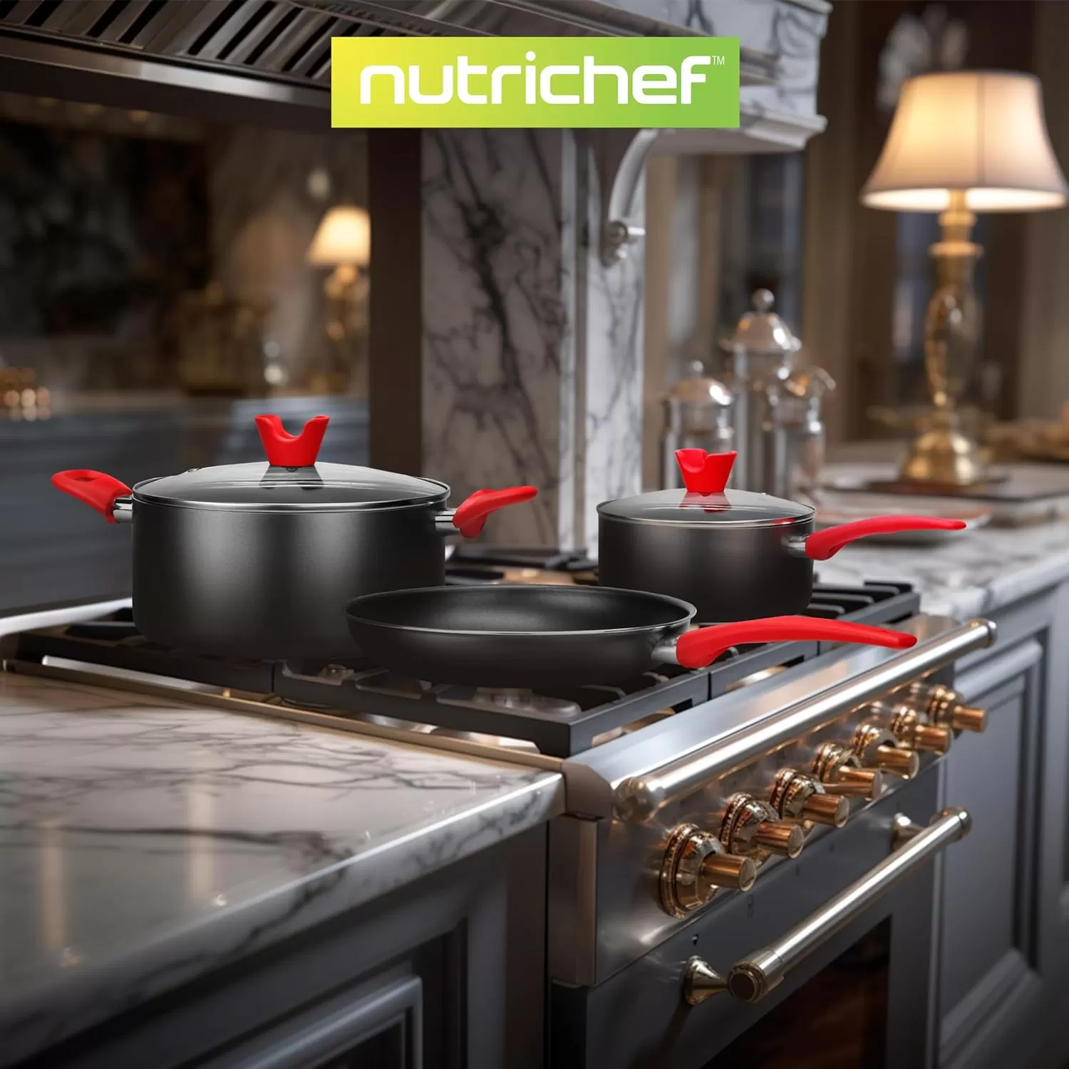 imageNutriChef 3Piece Nonstick Kitchen Oven Baking Pans  Premium ampamp Stylish NonStick Steel Commercial Grade Restaurant Quality Metal Bakeware with Red Silicone Handles  Easy to Clean NCSBS3S21Piece Set