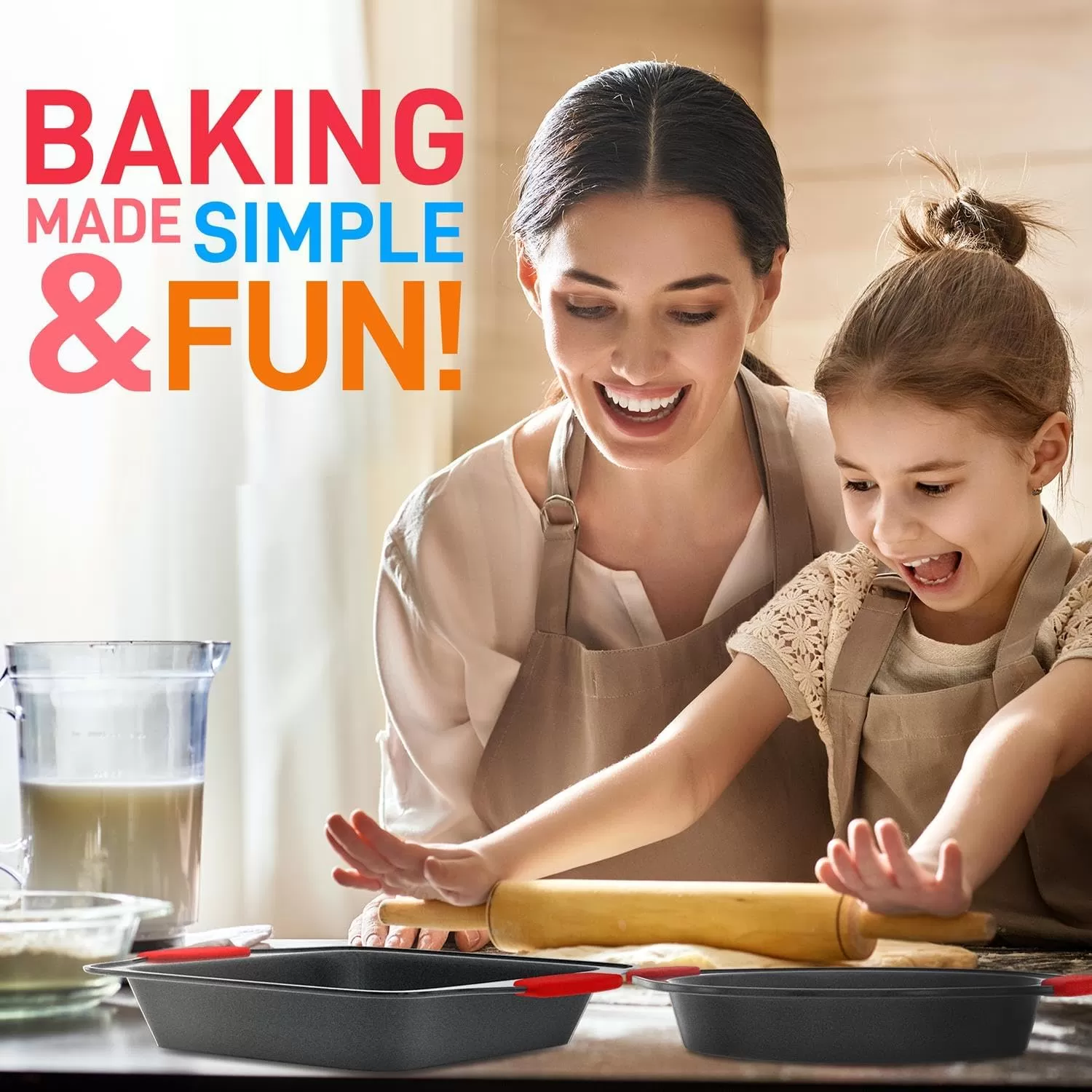 imageNutriChef 3Piece Nonstick Kitchen Oven Baking Pans  Premium ampamp Stylish NonStick Steel Commercial Grade Restaurant Quality Metal Bakeware with Red Silicone Handles  Easy to Clean NCSBS3S8Piece Set