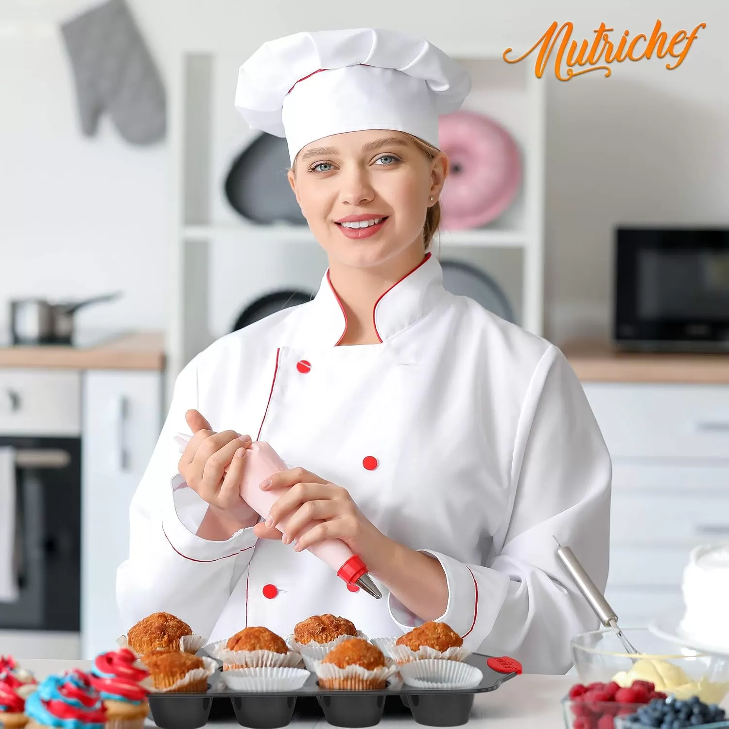 imageNutriChef 3Piece Nonstick Kitchen Oven Baking Pans  Premium ampamp Stylish NonStick Steel Commercial Grade Restaurant Quality Metal Bakeware with Red Silicone Handles  Easy to Clean NCSBS3S10Piece Set