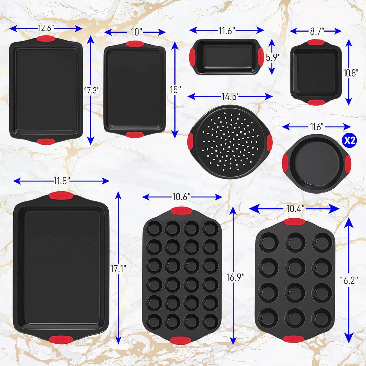 imageNutriChef 3Piece Nonstick Kitchen Oven Baking Pans  Premium ampamp Stylish NonStick Steel Commercial Grade Restaurant Quality Metal Bakeware with Red Silicone Handles  Easy to Clean NCSBS3S10Piece Set