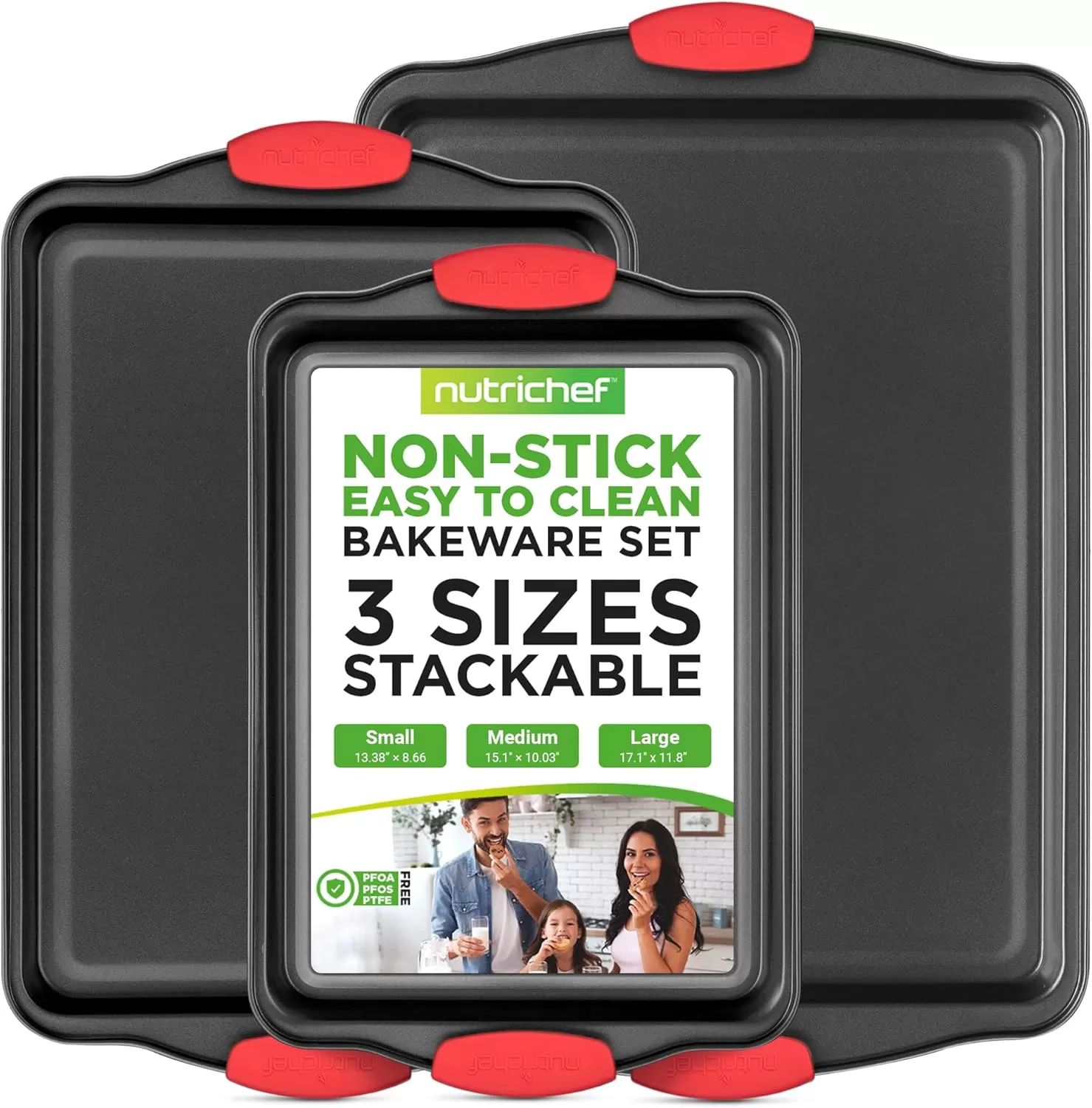 imageNutriChef 3Piece Nonstick Kitchen Oven Baking Pans  Premium ampamp Stylish NonStick Steel Commercial Grade Restaurant Quality Metal Bakeware with Red Silicone Handles  Easy to Clean NCSBS3S3Piece Set
