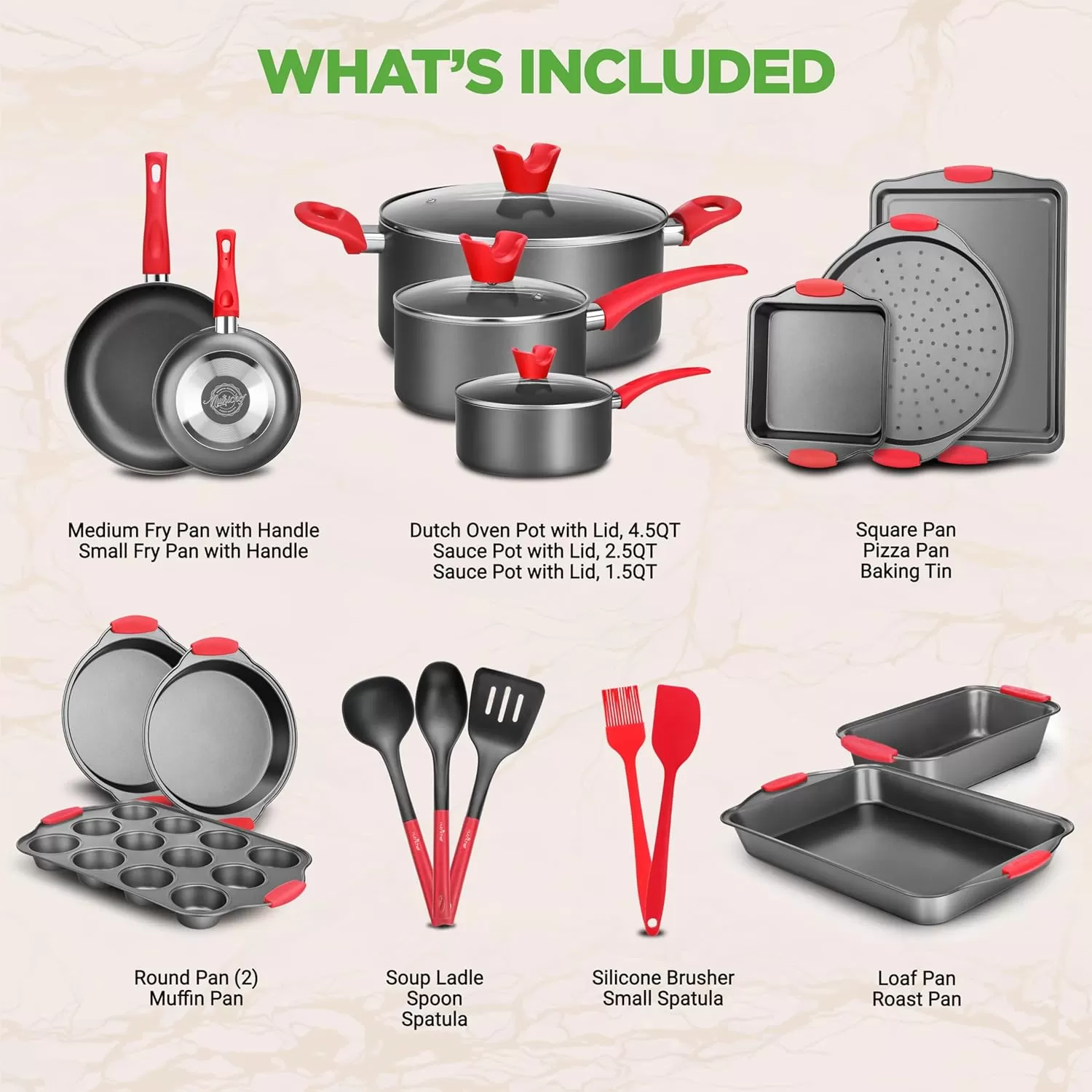 imageNutriChef 3Piece Nonstick Kitchen Oven Baking Pans  Premium ampamp Stylish NonStick Steel Commercial Grade Restaurant Quality Metal Bakeware with Red Silicone Handles  Easy to Clean NCSBS3S21Piece Set