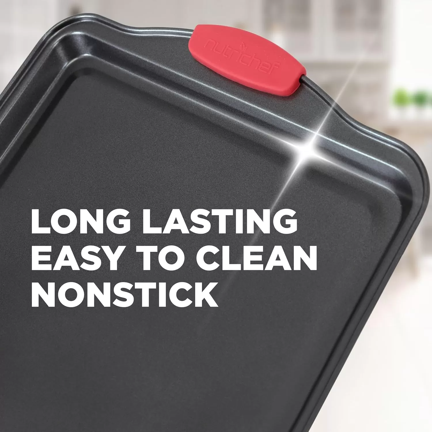 imageNutriChef 3Piece Nonstick Kitchen Oven Baking Pans  Premium ampamp Stylish NonStick Steel Commercial Grade Restaurant Quality Metal Bakeware with Red Silicone Handles  Easy to Clean NCSBS3S21Piece Set