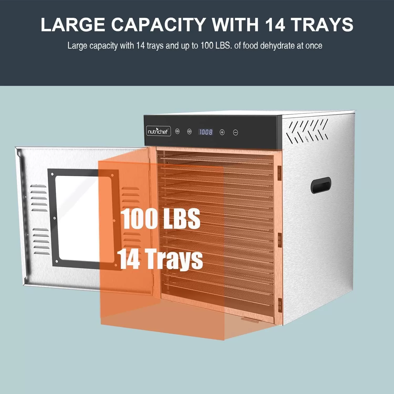 imageNutriChef Commercial Electric Food Dehydrator Machine  14 Shelf Extra Large Capacity  Stainless Steel Trays  1000Watts Digital Timer ampamp Temperature Control  1858 x 1752 x 2252 IN