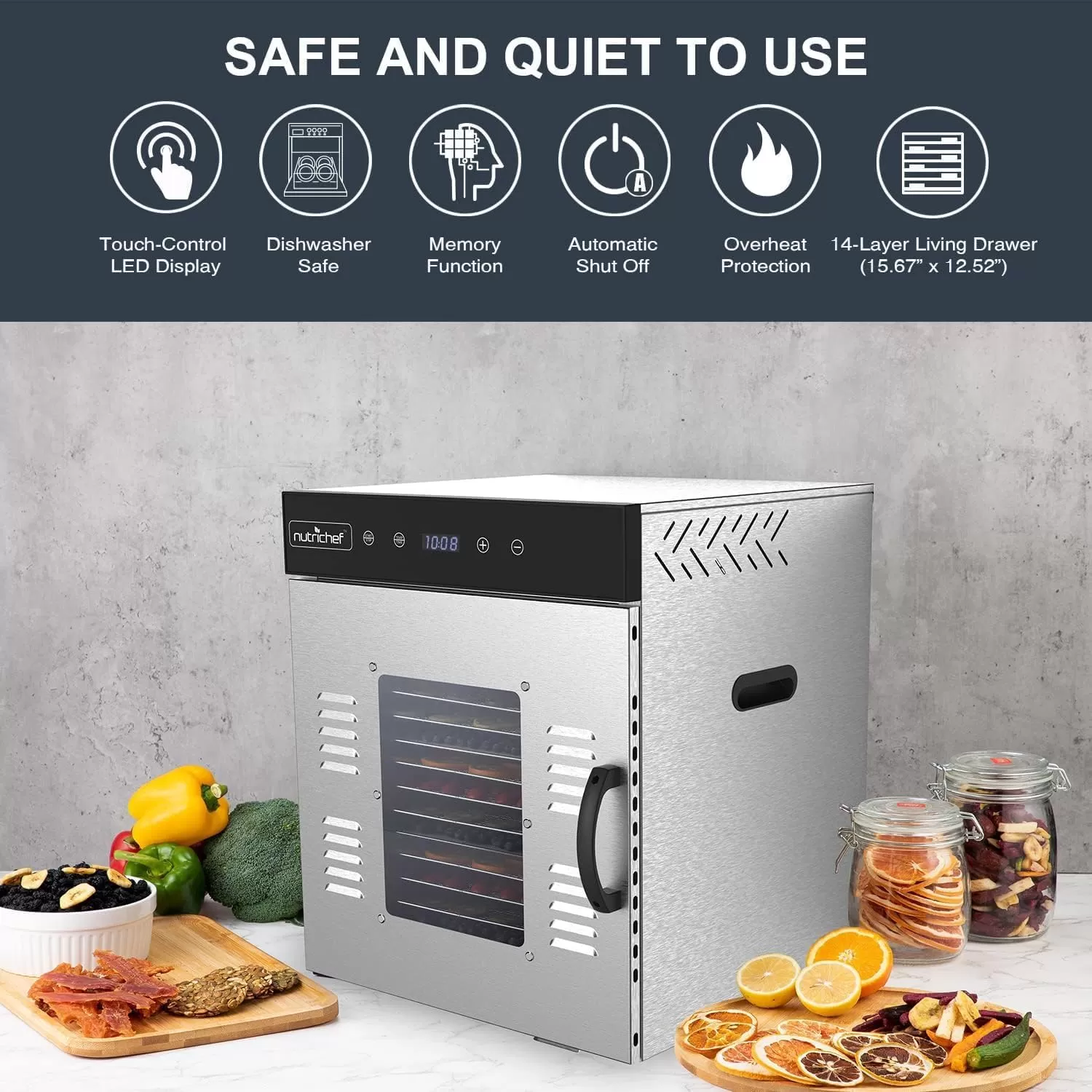 imageNutriChef Commercial Electric Food Dehydrator Machine  14 Shelf Extra Large Capacity  Stainless Steel Trays  1000Watts Digital Timer ampamp Temperature Control  1858 x 1752 x 2252 IN