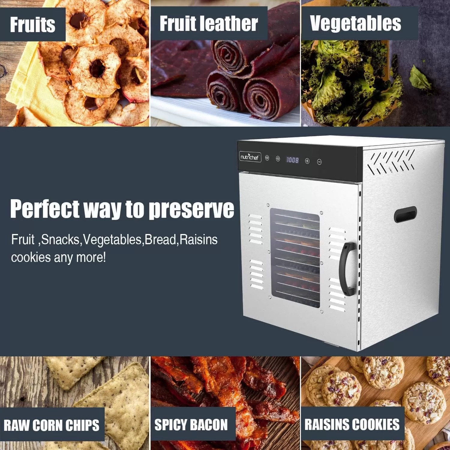 imageNutriChef Commercial Electric Food Dehydrator Machine  14 Shelf Extra Large Capacity  Stainless Steel Trays  1000Watts Digital Timer ampamp Temperature Control  1858 x 1752 x 2252 IN