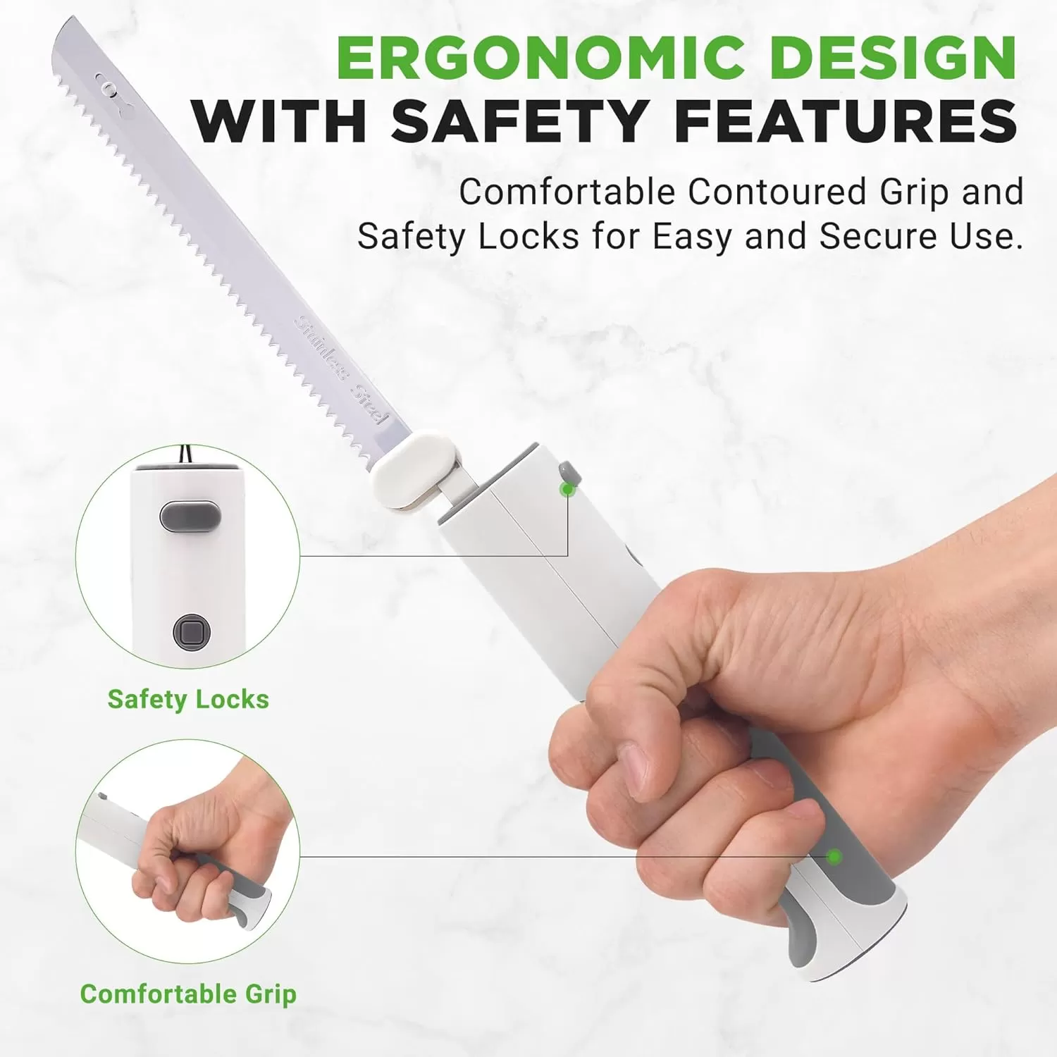 imageNutriChef Cordless Electric Knife  Easy to Use Constant ONOFF Safety Function Button  Carve Turkey Meats Poultry Bread Cheese ampamp More  Lightweight with Contoured Grip Handle  White ampamp GreyWhite