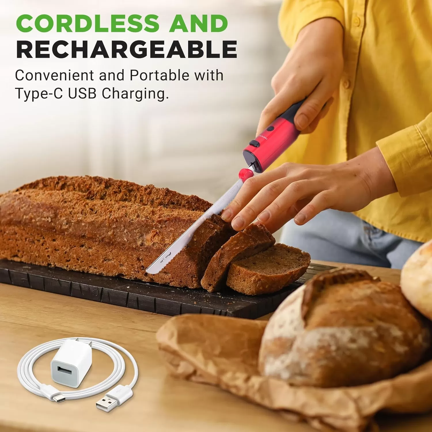 imageNutriChef Cordless Electric Knife  Easy to Use Constant ONOFF Safety Function Button  Carve Turkey Meats Poultry Bread Cheese ampamp More  Lightweight with Contoured Grip Handle  White ampamp GreyRed