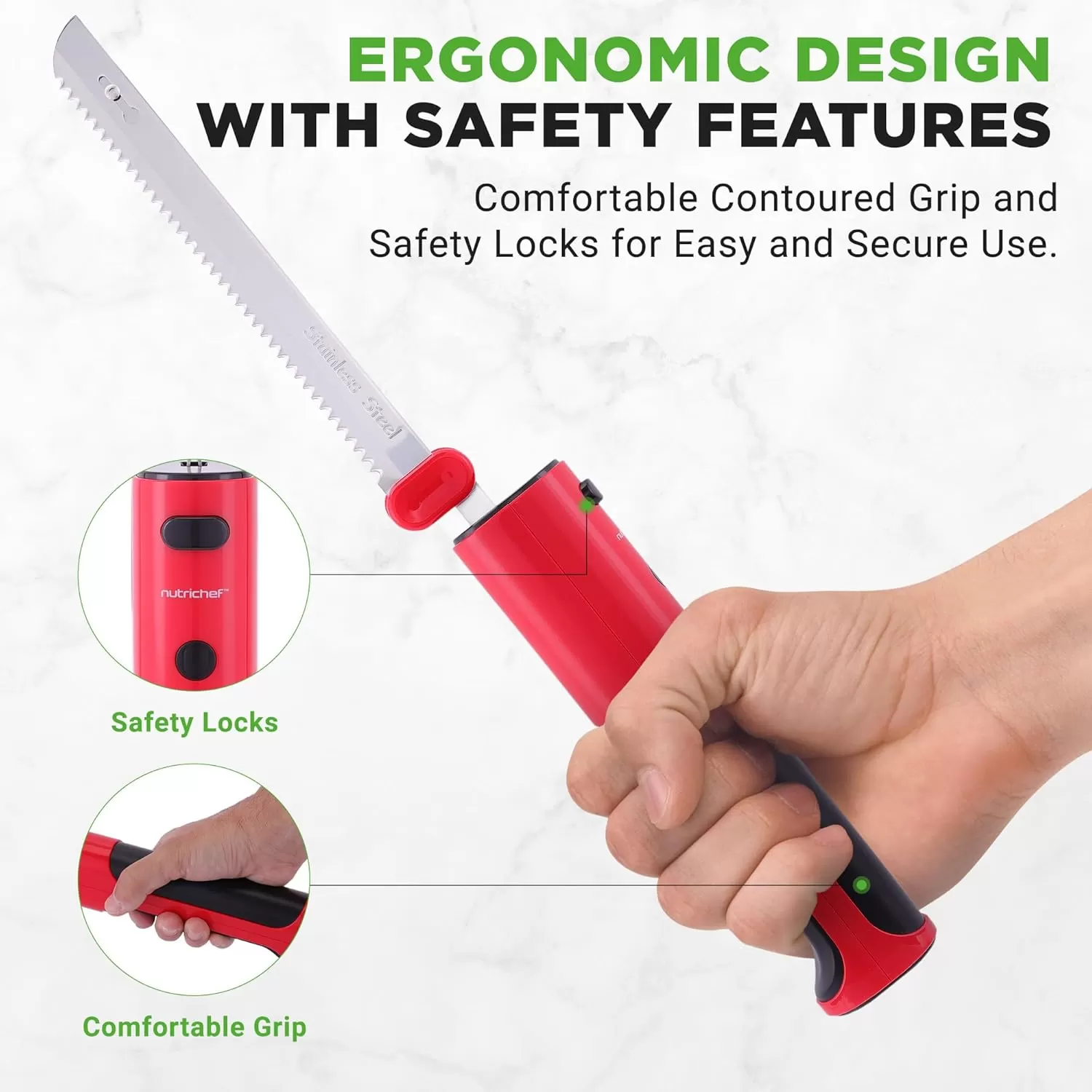 imageNutriChef Cordless Electric Knife  Easy to Use Constant ONOFF Safety Function Button  Carve Turkey Meats Poultry Bread Cheese ampamp More  Lightweight with Contoured Grip Handle  White ampamp GreyRed