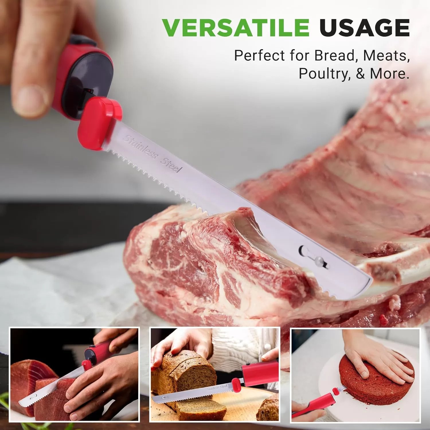 imageNutriChef Cordless Electric Knife  Easy to Use Constant ONOFF Safety Function Button  Carve Turkey Meats Poultry Bread Cheese ampamp More  Lightweight with Contoured Grip Handle  White ampamp GreyRed