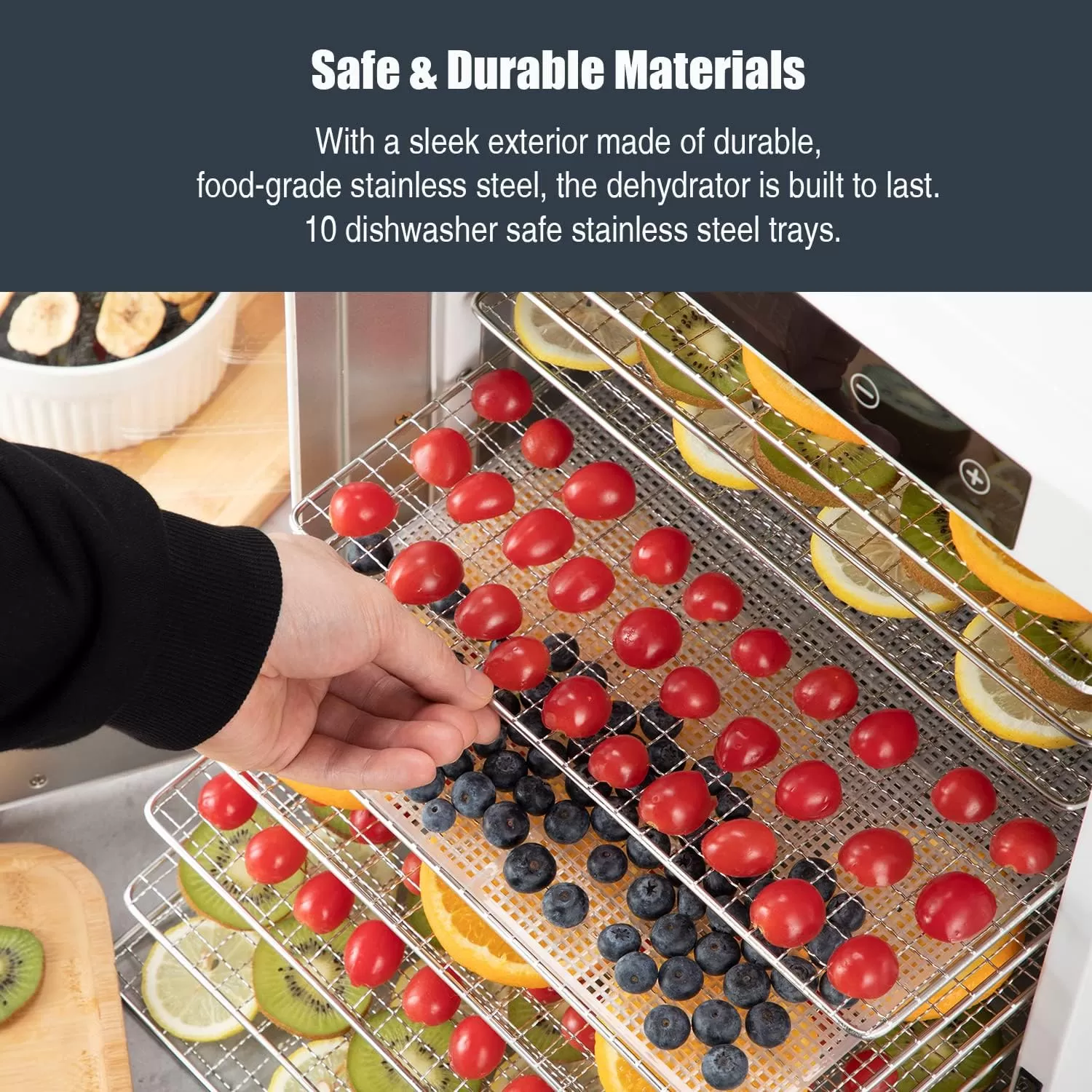 imageNutriChef Electric Countertop Food Dehydrator 900Watt Premium MultiTier Meat Beef Jerky Maker FruitVegetable Dryer w10 Shelf Stainless Steel TraysDigital TimerTemperature ControlNCFD10SWhite