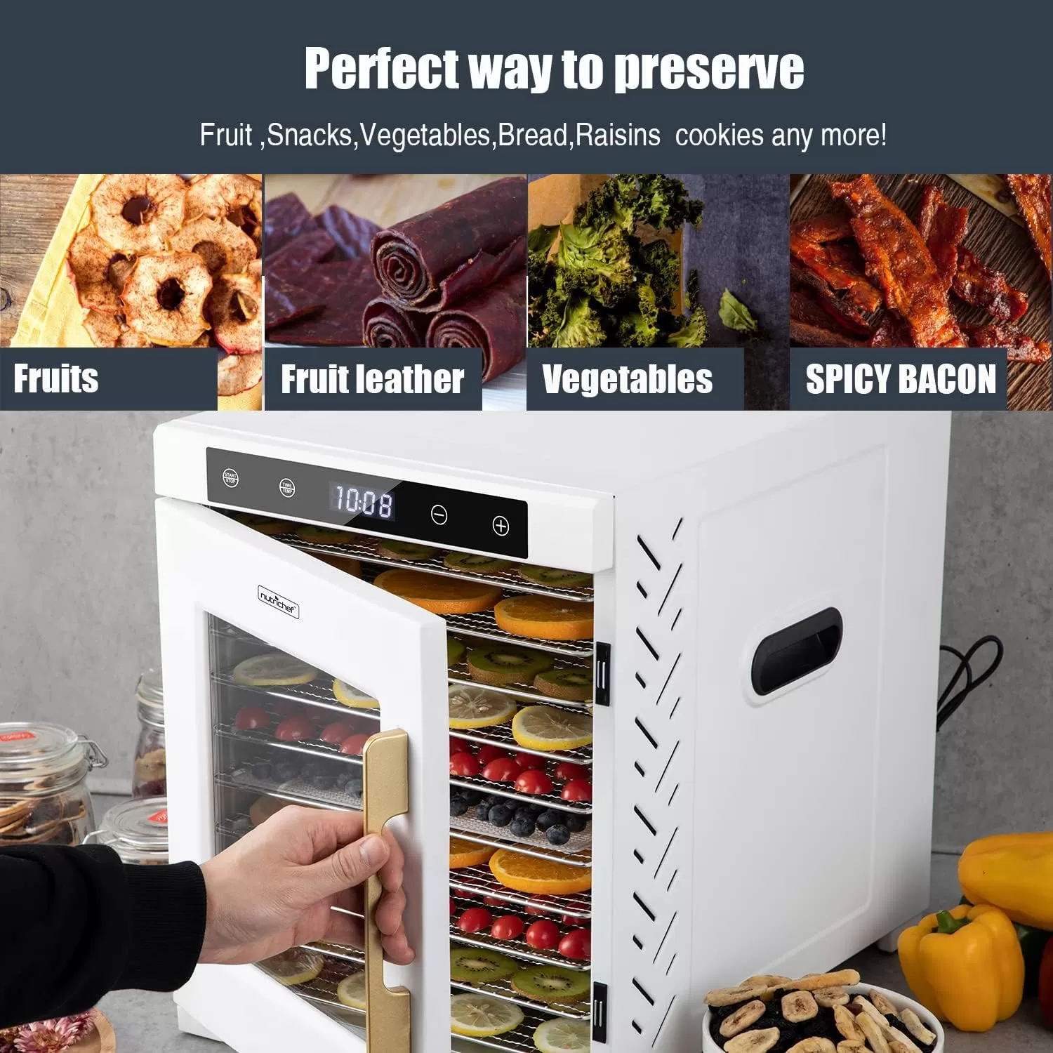 imageNutriChef Electric Countertop Food Dehydrator 900Watt Premium MultiTier Meat Beef Jerky Maker FruitVegetable Dryer w10 Shelf Stainless Steel TraysDigital TimerTemperature ControlNCFD10SWhite