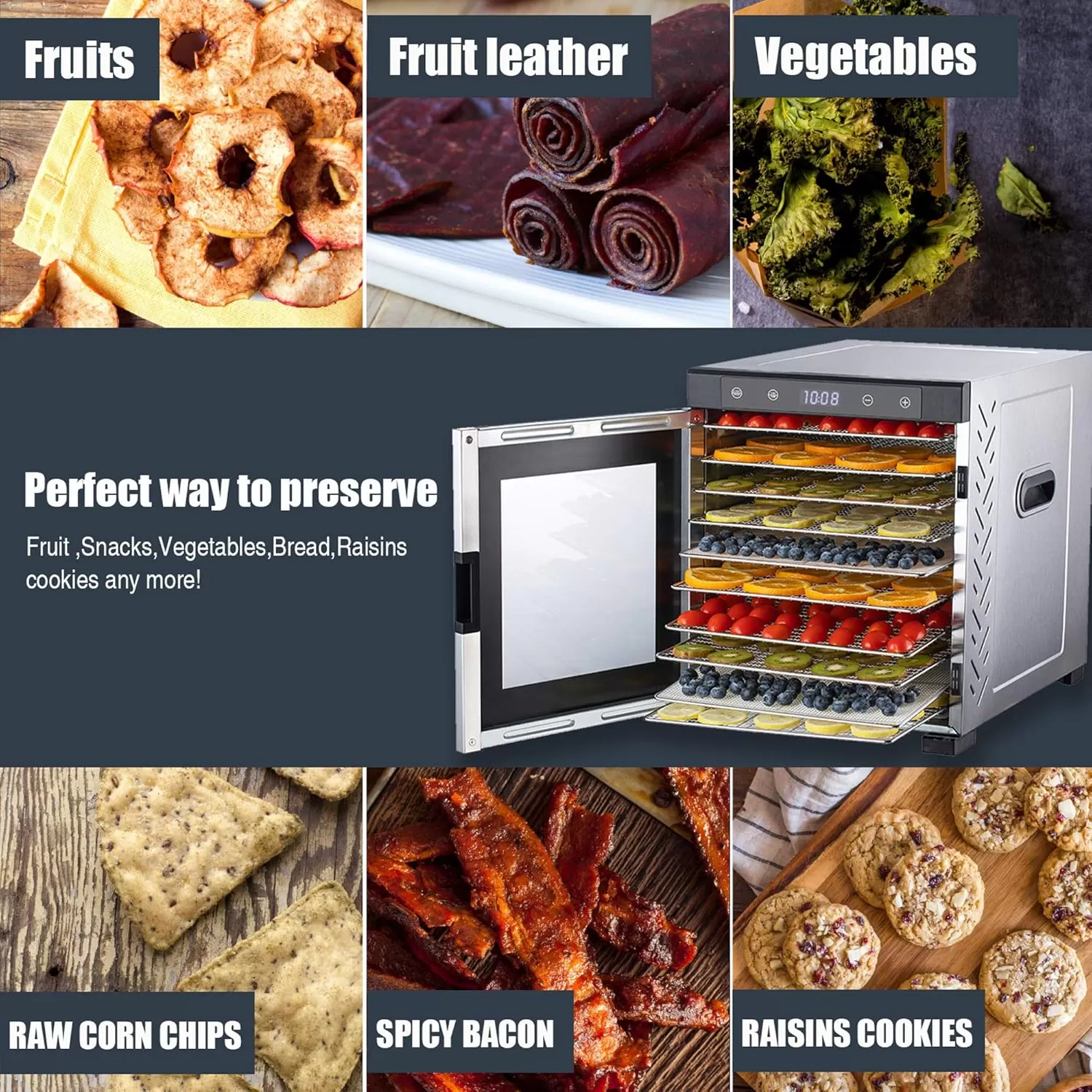 imageNutriChef Electric Countertop Food Dehydrator 900Watt Premium MultiTier Meat Beef Jerky Maker FruitVegetable Dryer w10 Shelf Stainless Steel TraysDigital TimerTemperature ControlNCFD10SBlack