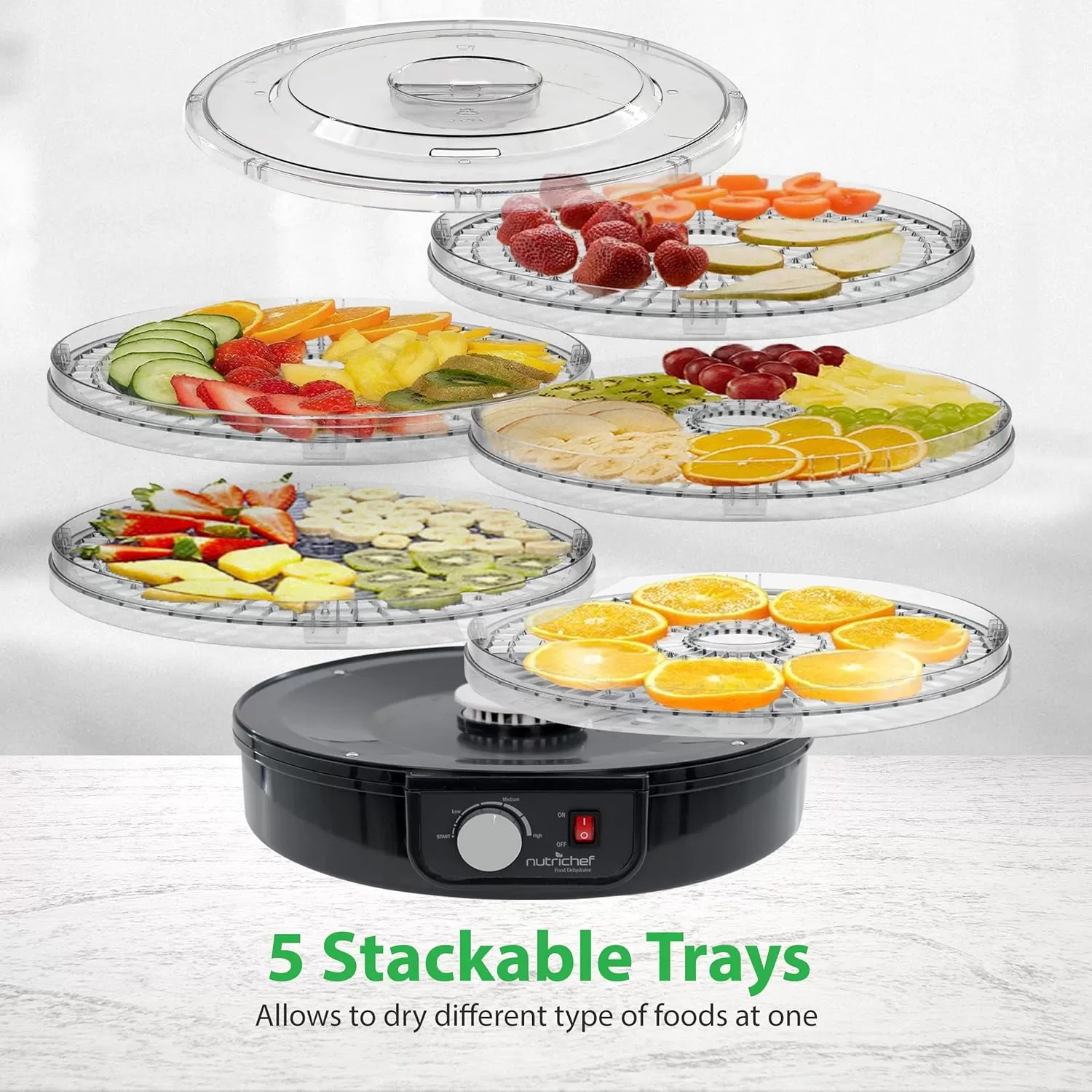 imageNutriChef Food Dehydrator  Dehydrate Beef Jerky Meat Mushrooms Fruits ampamp Vegetables at Home  Utilizes HighHeat Circulation for Even Dehydration  Includes 5 EasytoClean Trays  WhiteBlack
