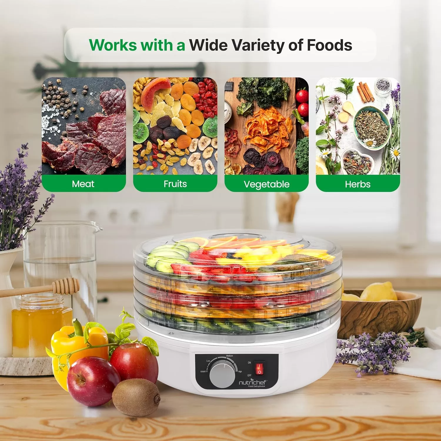 imageNutriChef Food Dehydrator  Dehydrate Beef Jerky Meat Mushrooms Fruits ampamp Vegetables at Home  Utilizes HighHeat Circulation for Even Dehydration  Includes 5 EasytoClean Trays  WhiteWhite