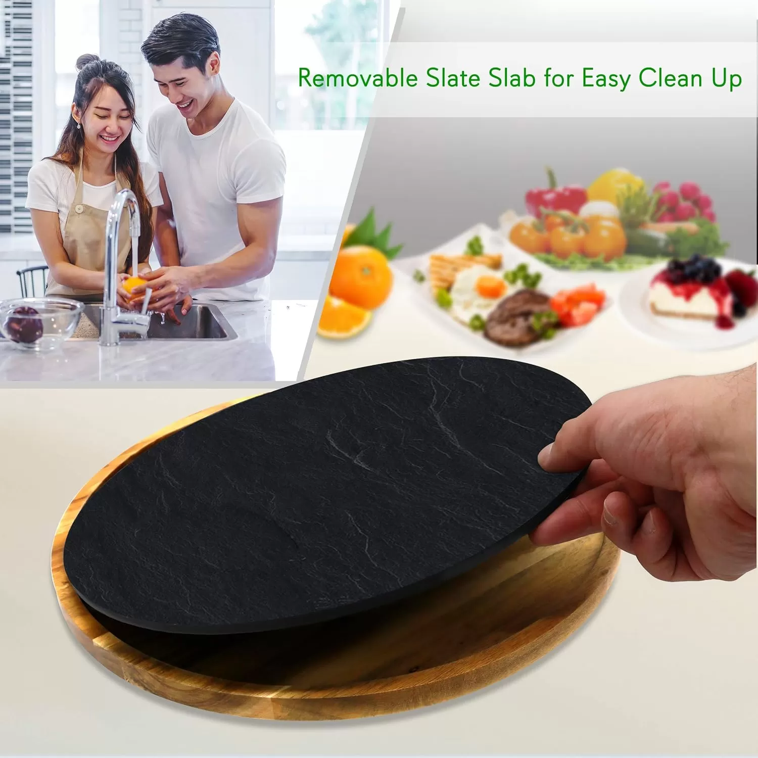 imageNutriChef JP Cons Catalog Master Rotating Lazy Susan Cheese Board12 Inch Diameter Acacia Wood Platter Turntable Serving Set wSlate Stone PlateStainlessSteel Cutting KnivesFor Picnic PKCZBD40