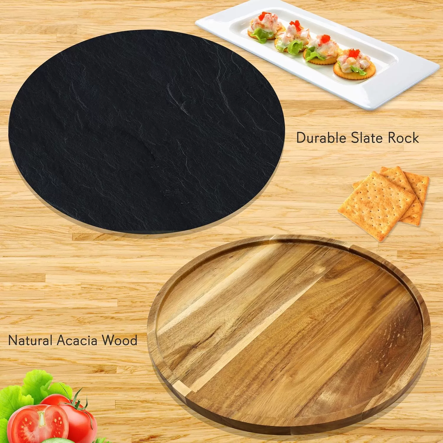 imageNutriChef JP Cons Catalog Master Rotating Lazy Susan Cheese Board12 Inch Diameter Acacia Wood Platter Turntable Serving Set wSlate Stone PlateStainlessSteel Cutting KnivesFor Picnic PKCZBD40