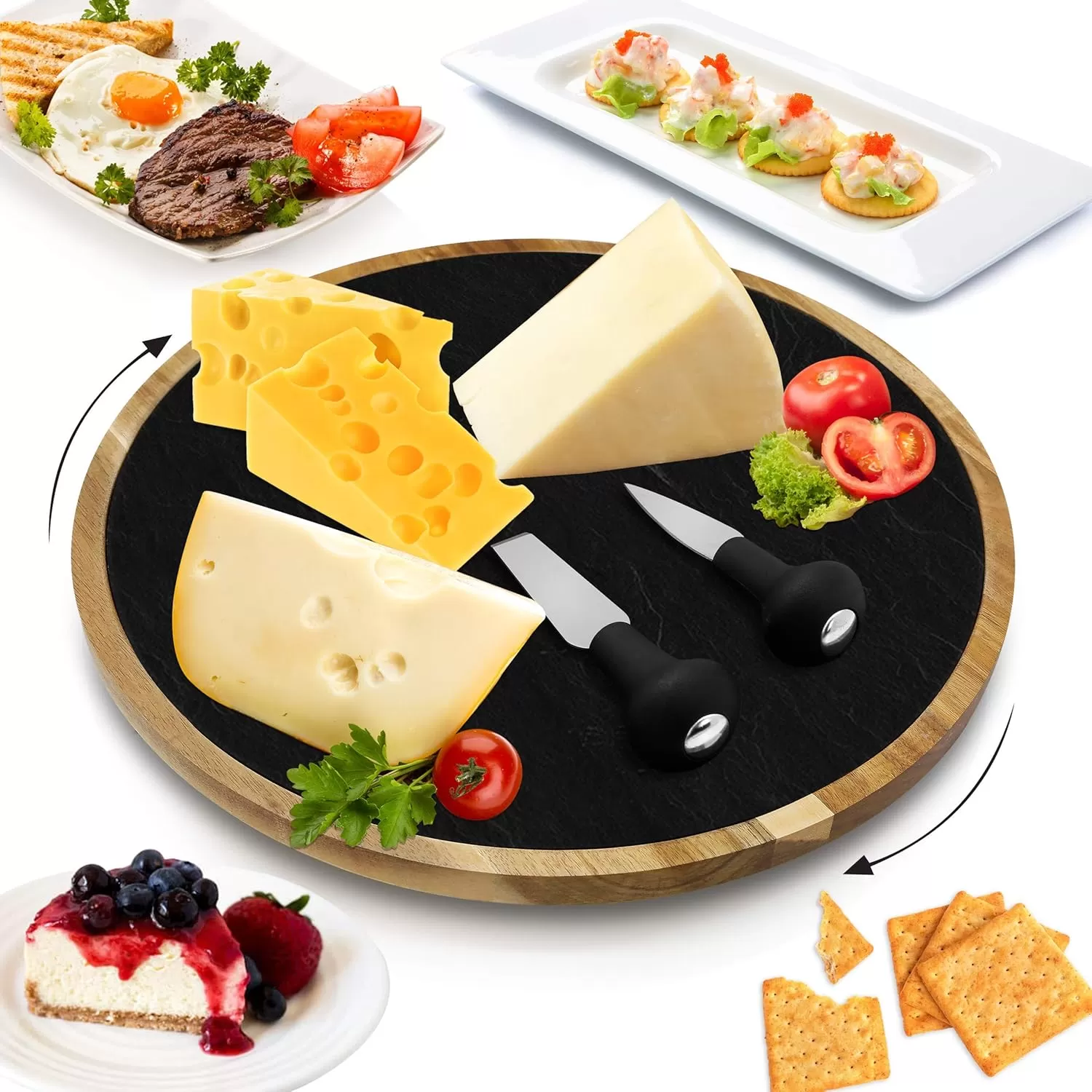 imageNutriChef JP Cons Catalog Master Rotating Lazy Susan Cheese Board12 Inch Diameter Acacia Wood Platter Turntable Serving Set wSlate Stone PlateStainlessSteel Cutting KnivesFor Picnic PKCZBD40