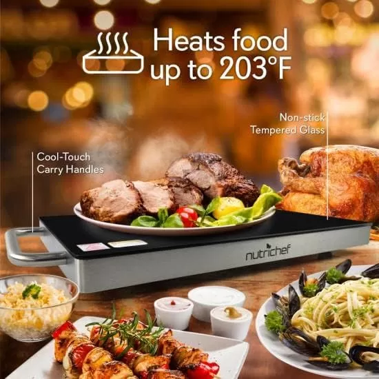imageNutriChef Stainless Warming Hot Plate  Keep Food Warm w Portable Electric Food Tray Dish Warmer w Black Glass Top For Restaurant Parties Buffet Serving Table or Countertop Use