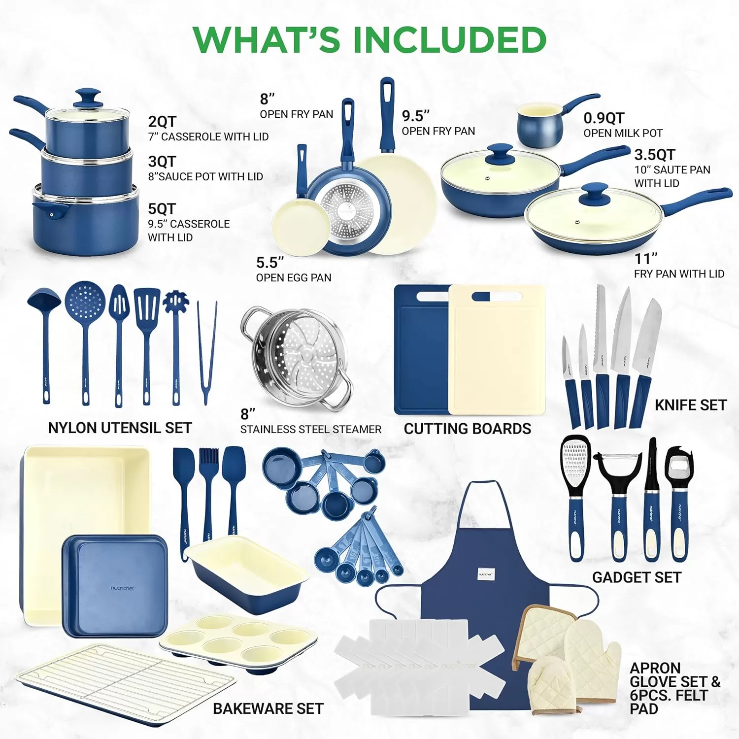 imageNutrichef 54Piece Marble NonStick Cookware and Bakeware Set Professional Home Kitchen Collection with MultiSized Pots Pans and HeatResistant ToolsBlue Gray
