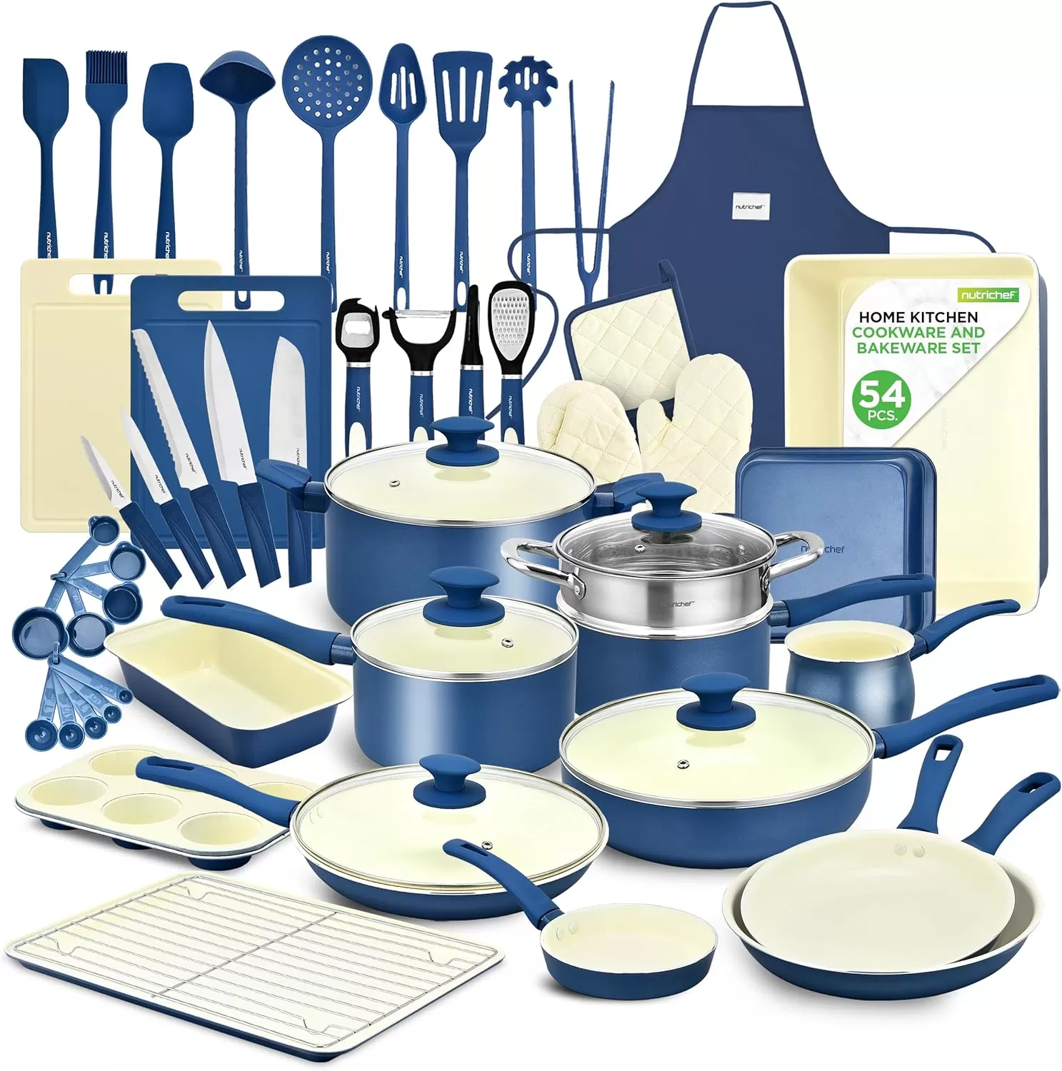 imageNutrichef 54Piece Marble NonStick Cookware and Bakeware Set Professional Home Kitchen Collection with MultiSized Pots Pans and HeatResistant ToolsBlue Gray
