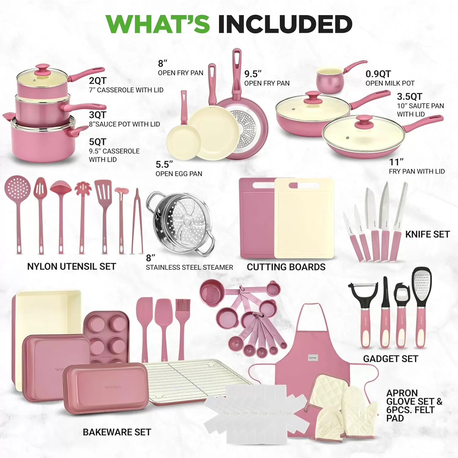 imageNutrichef 54Piece Marble NonStick Cookware and Bakeware Set Professional Home Kitchen Collection with MultiSized Pots Pans and HeatResistant ToolsBlush Pink