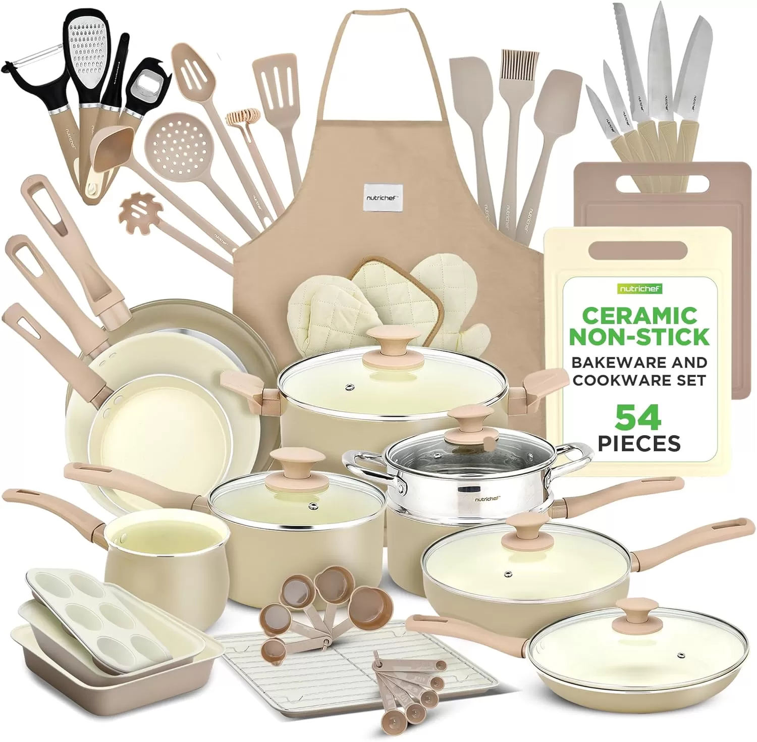 imageNutrichef 54Piece Marble NonStick Cookware and Bakeware Set Professional Home Kitchen Collection with MultiSized Pots Pans and HeatResistant ToolsTaupe Brown
