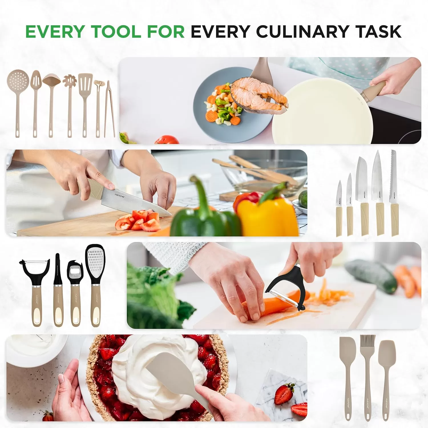 imageNutrichef 54Piece Marble NonStick Cookware and Bakeware Set Professional Home Kitchen Collection with MultiSized Pots Pans and HeatResistant ToolsTaupe Brown
