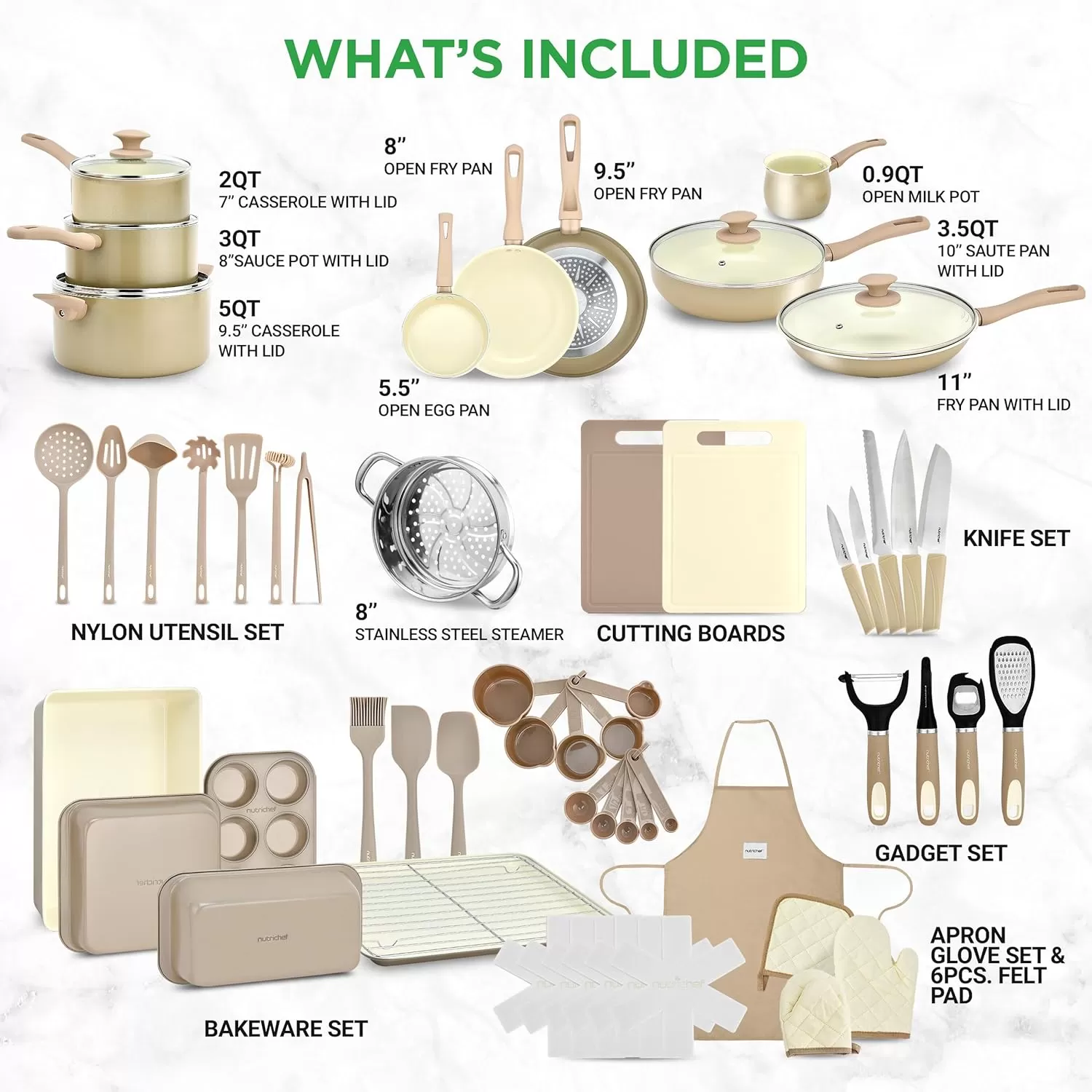 imageNutrichef 54Piece Marble NonStick Cookware and Bakeware Set Professional Home Kitchen Collection with MultiSized Pots Pans and HeatResistant ToolsTaupe Brown