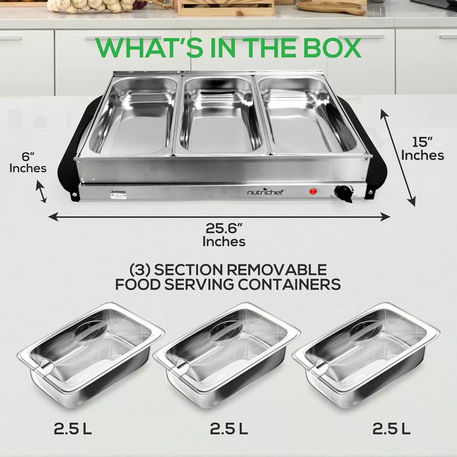 imageNutrichef Professional Stainless Steel Buffet Warmer Server with 3 Trays  Portable Hot Plate Food Warmer Station for Parties ampamp Events  Easy to Clean  3 Seethrough lids  Max Temperature 175F3 Pot 35 Quart