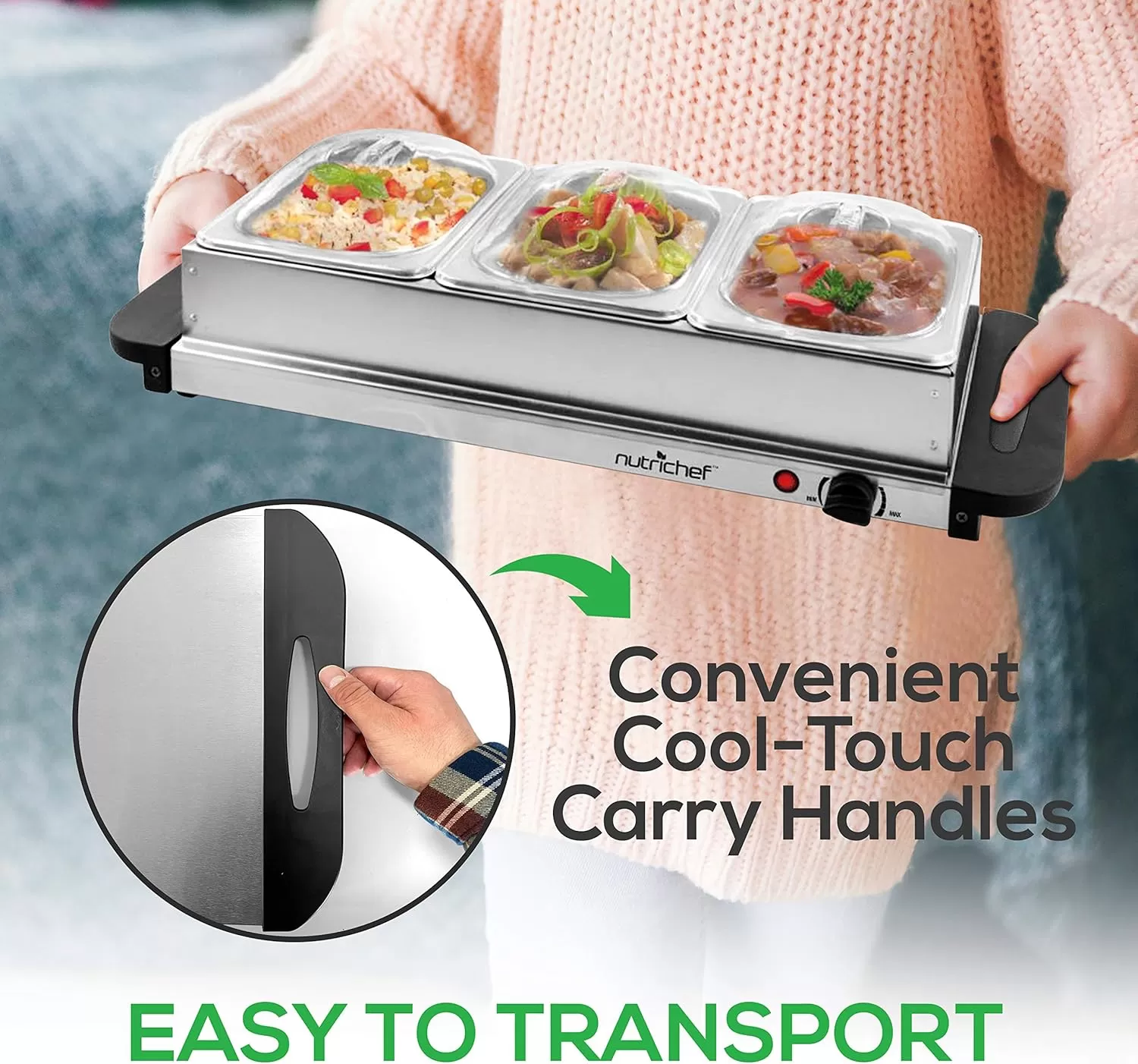 imageNutrichef Professional Stainless Steel Buffet Warmer Server with 3 Trays  Portable Hot Plate Food Warmer Station for Parties ampamp Events  Easy to Clean  3 Seethrough lids  Max Temperature 175F3 Pot 35 Quart